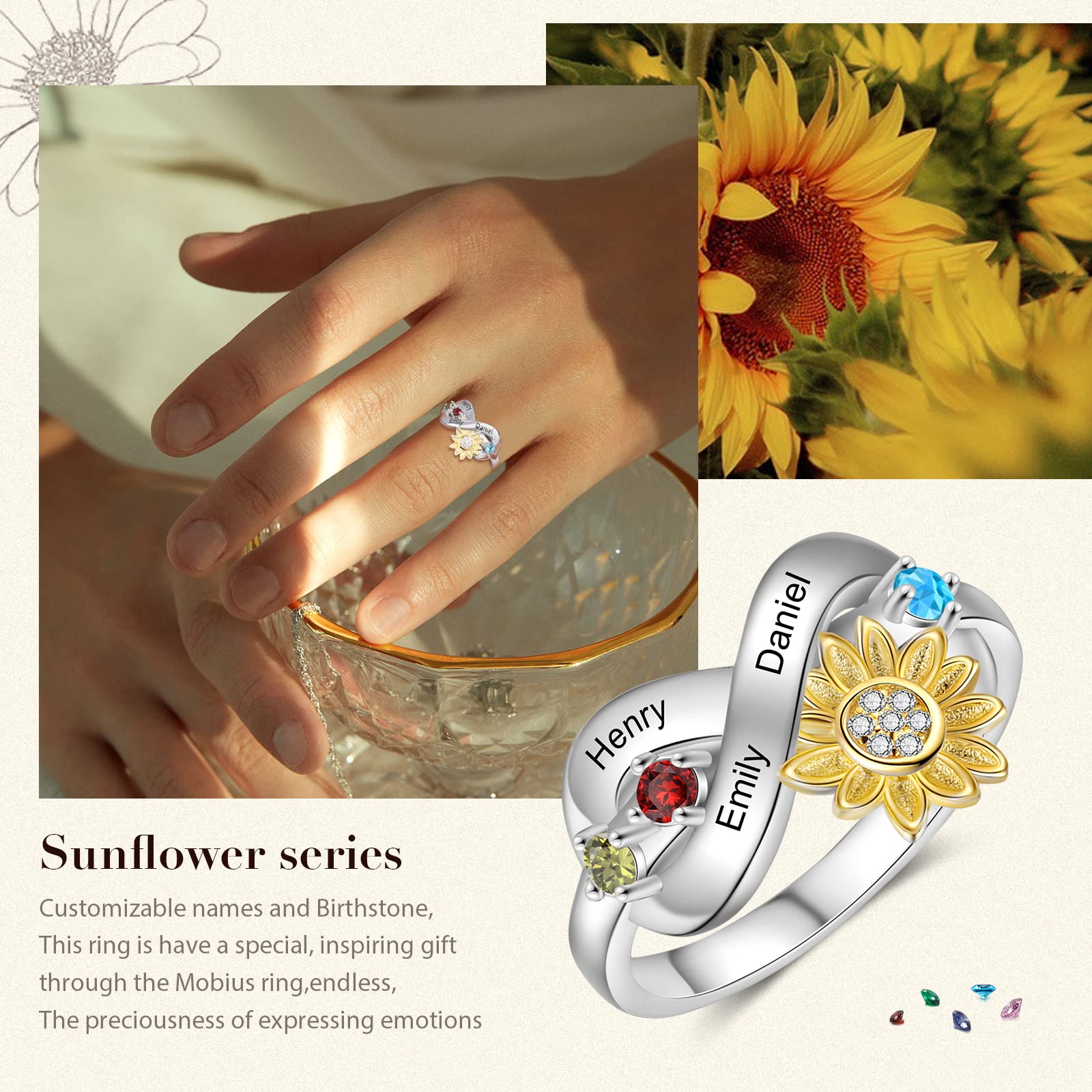 ALBERTBAND Sunflower Birthstone Ring - Personalized 3-Stone Infinity Heart Ring for Women, Custom Engraved Name Jewelry - Perfect Mothers Day Gift for Mom, Grandma, Wife & Daughter - Ideal for Weddings, Anniversaries & Special Occasions