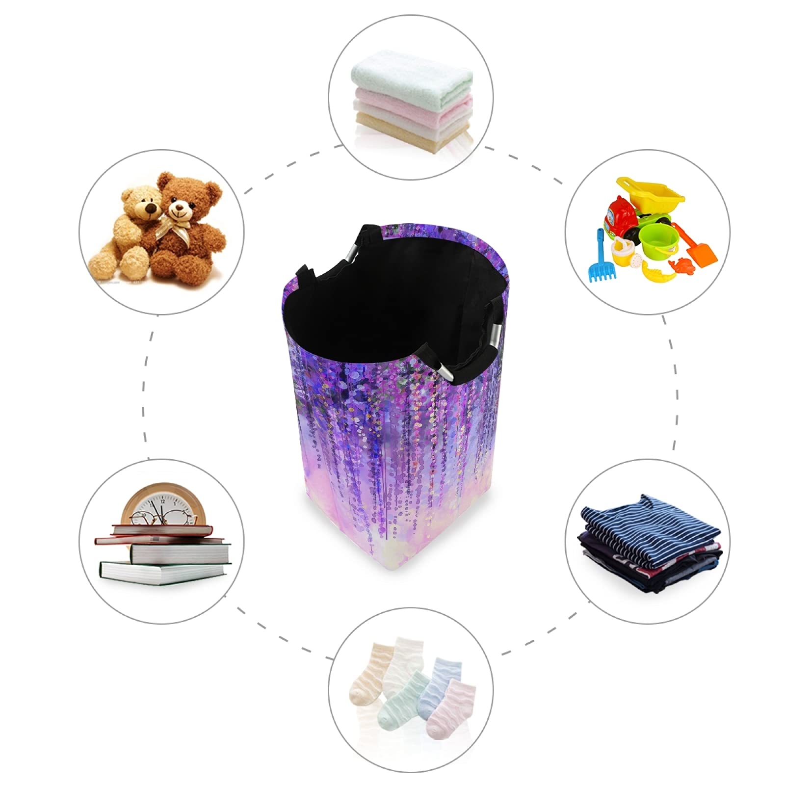 Abstract Violet Wisteria Flowers Laundry Hamper Basket - Foldable Waterproof Clothes Bin with Handles for Bathroom & Bedroom - Multi-Purpose Storage for Dirty Laundry, Toys & Household Items - Perfect for Home Organization & Space Saving