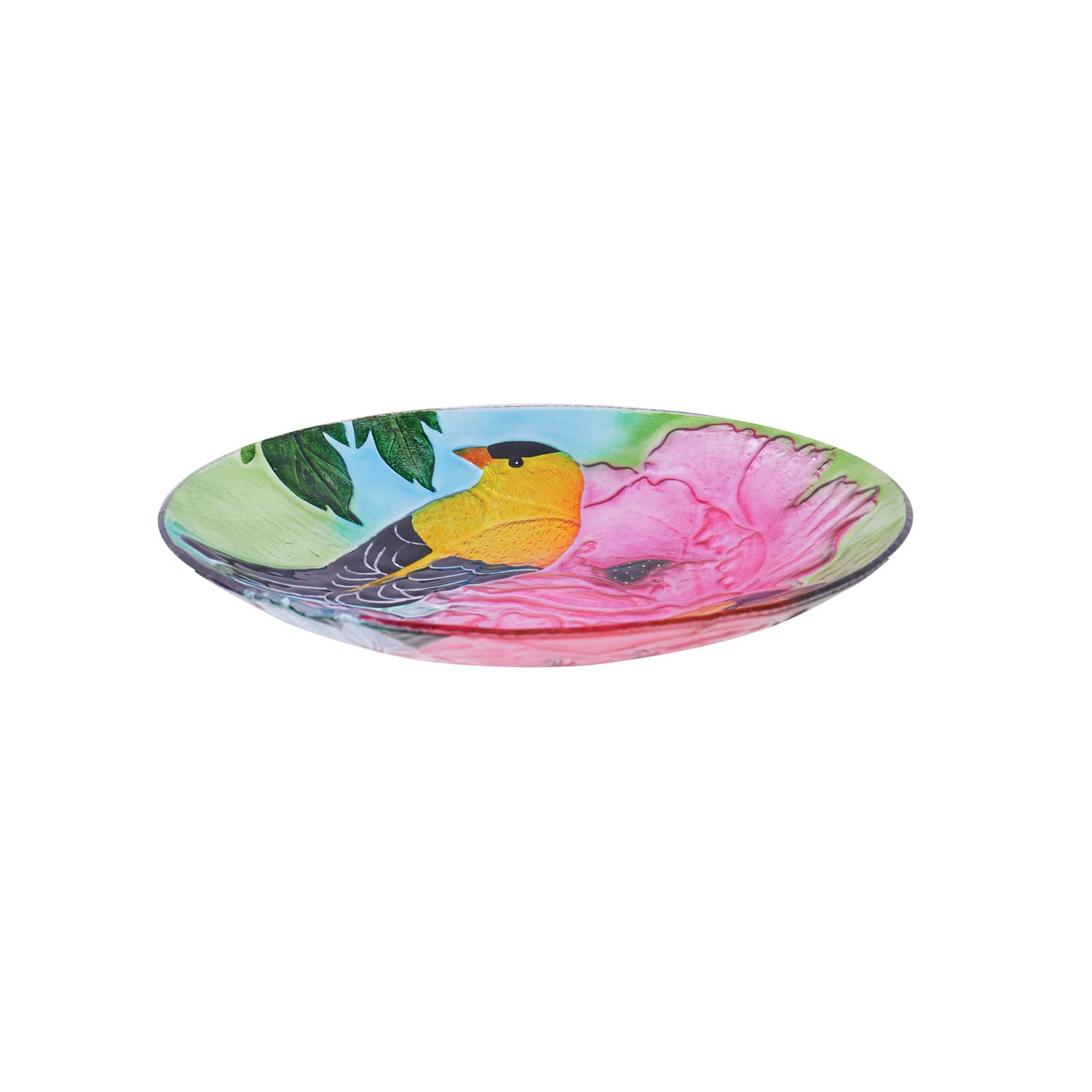 Evergreen 18-Inch Hand Painted Embossed Glass Bird Bath with Solar Stand - Goldfinch Design for Garden, Patio, and Outdoor Decor