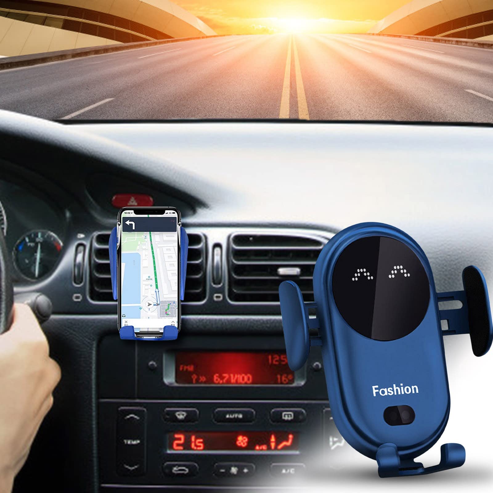 10W Qi Fast Charging Wireless Car Charger - Auto Clamping Smart Phone Mount for iPhone & Android - Universal Sensor Dash, Windshield & Air Vent Holder (Blue) - Perfect for Commuting, Road Trips & Hands-Free Driving