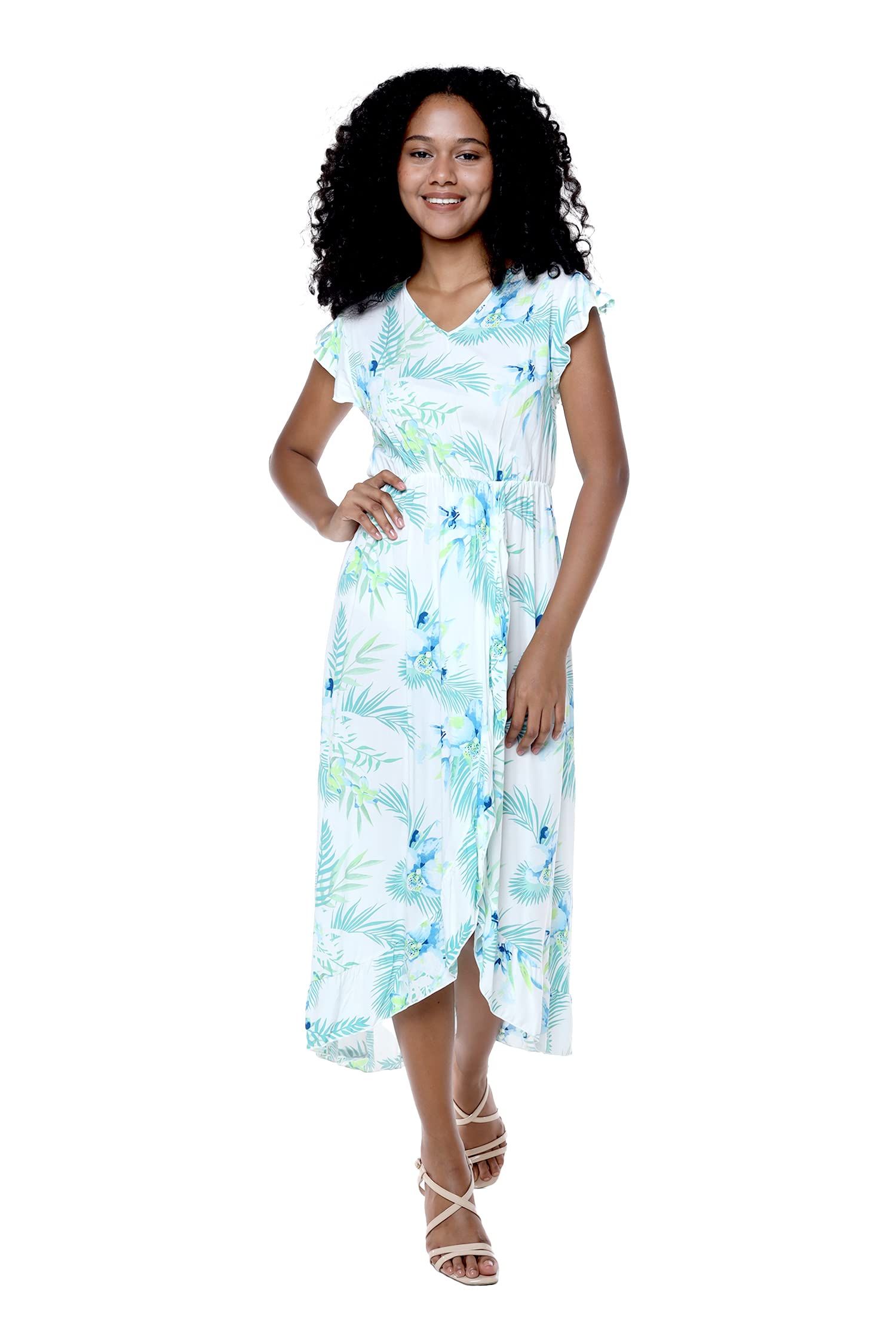 Hawaiian Couple Matching Luau Shirts & Ruffle Wrap Dresses - Orchid Breeze White Outfit for Beach Party, Vacation, and Summer Date Night