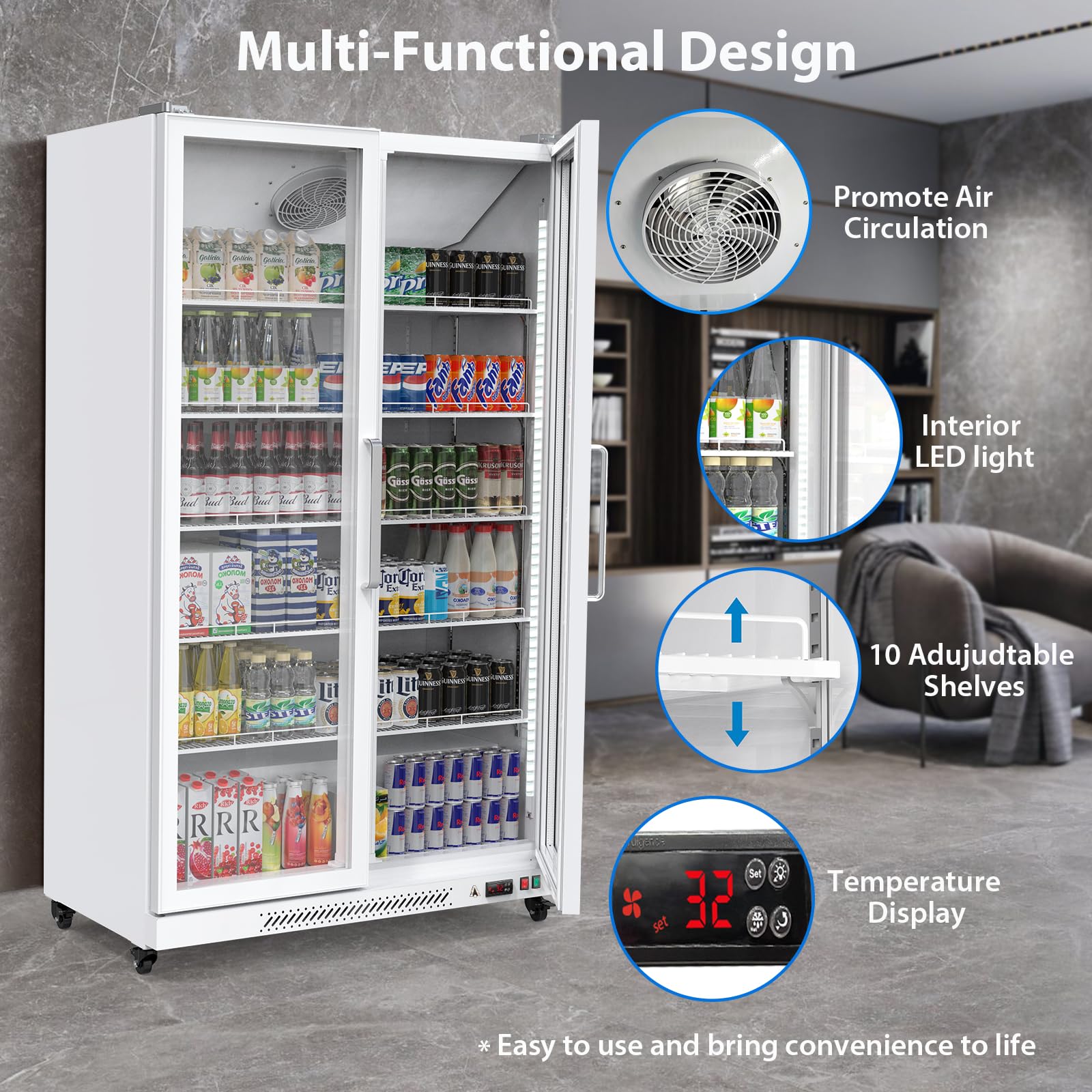 GARVEE 27.1 Cu.Ft Commercial Beverage Refrigerator & Merchandiser - Energy Efficient ETL Certified, Dual Layer Glass Door, 10 Adjustable Shelves - Perfect for Restaurants, Grocery Stores, Home Use (White) - Keep Drinks Chilled & Displayed for Business or Party Events