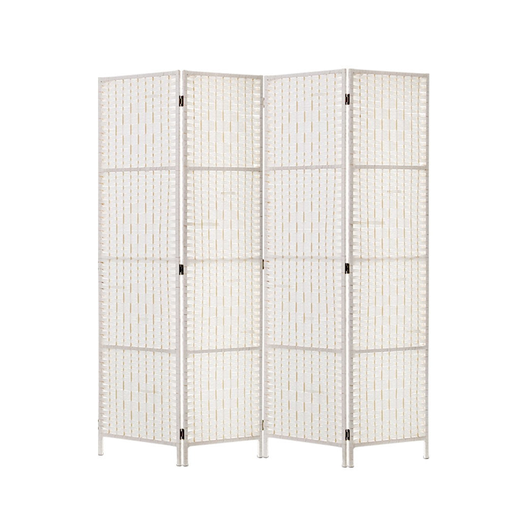 4-Panel Rattan Room Divider Screen - Foldable Privacy Partition with Woven Timber Design in White - Perfect for Home Office, Bedroom Separation, and Indoor/Outdoor Use