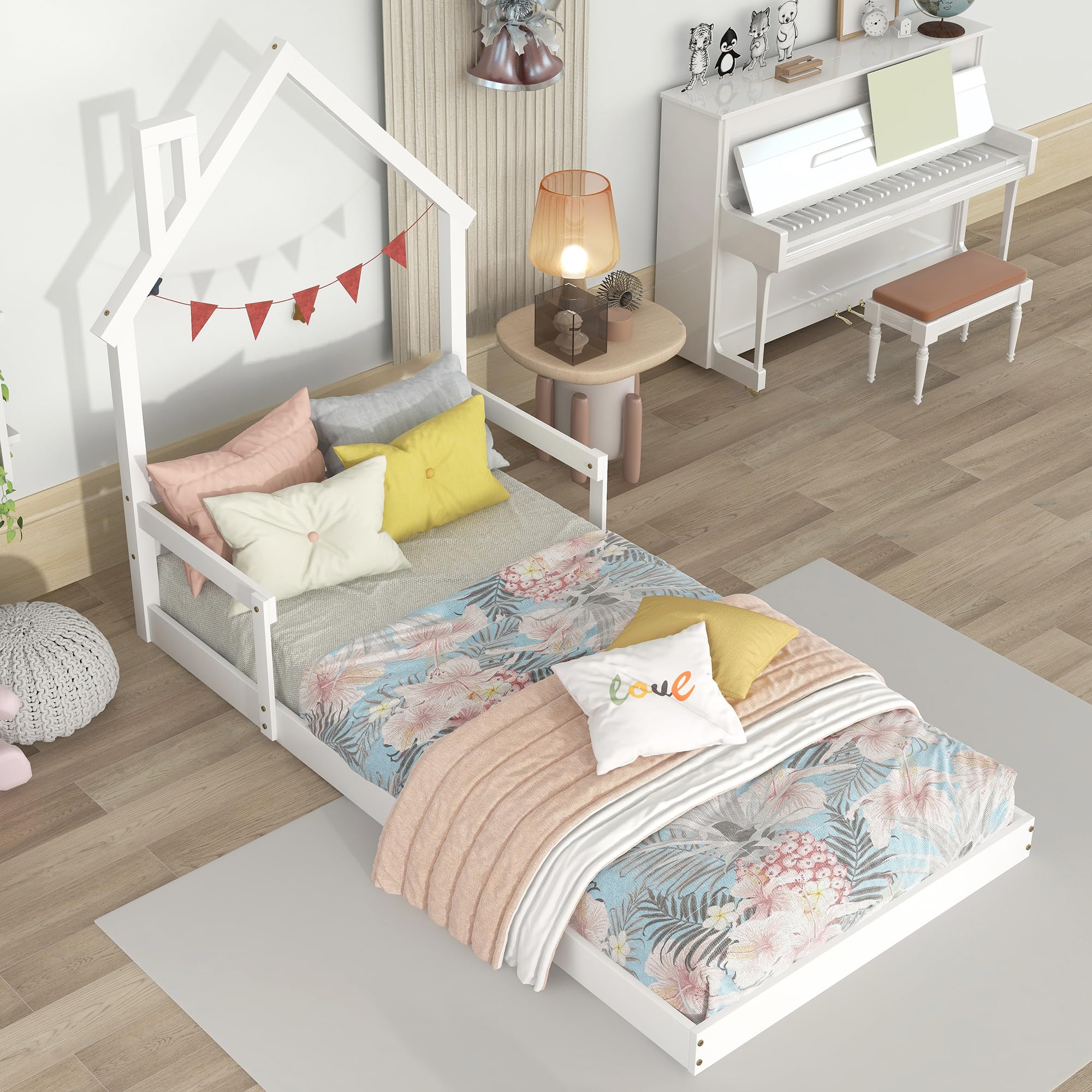 Bellemave Twin Size House-Shaped Headboard Floor Bed for Kids - Montessori Wooden House Bed with Safety Handrails & Slats - Perfect for Girls & Boys Bedrooms (Twin, White) - Ideal for Montessori Rooms, Playrooms & Kids' Bedrooms