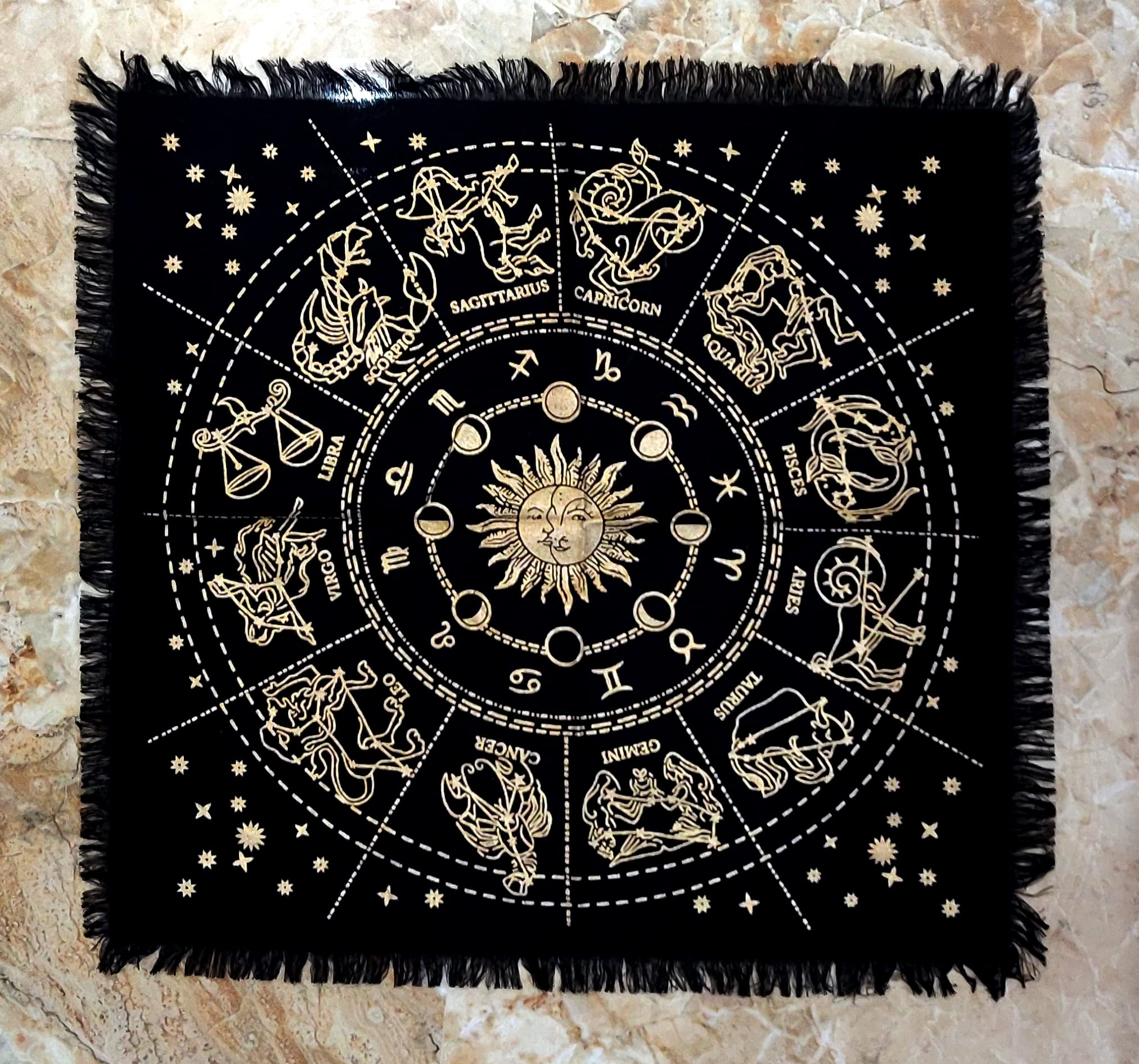 INDACORIFY Golden Zodiac Constellation Altar Cloth with Fringes - 18x18 Inch Tarot Table Cover for Witchcraft, Divination & Rituals - Perfect for Tarot Reading, Wiccan Altar Decor & Spiritual Ceremonies