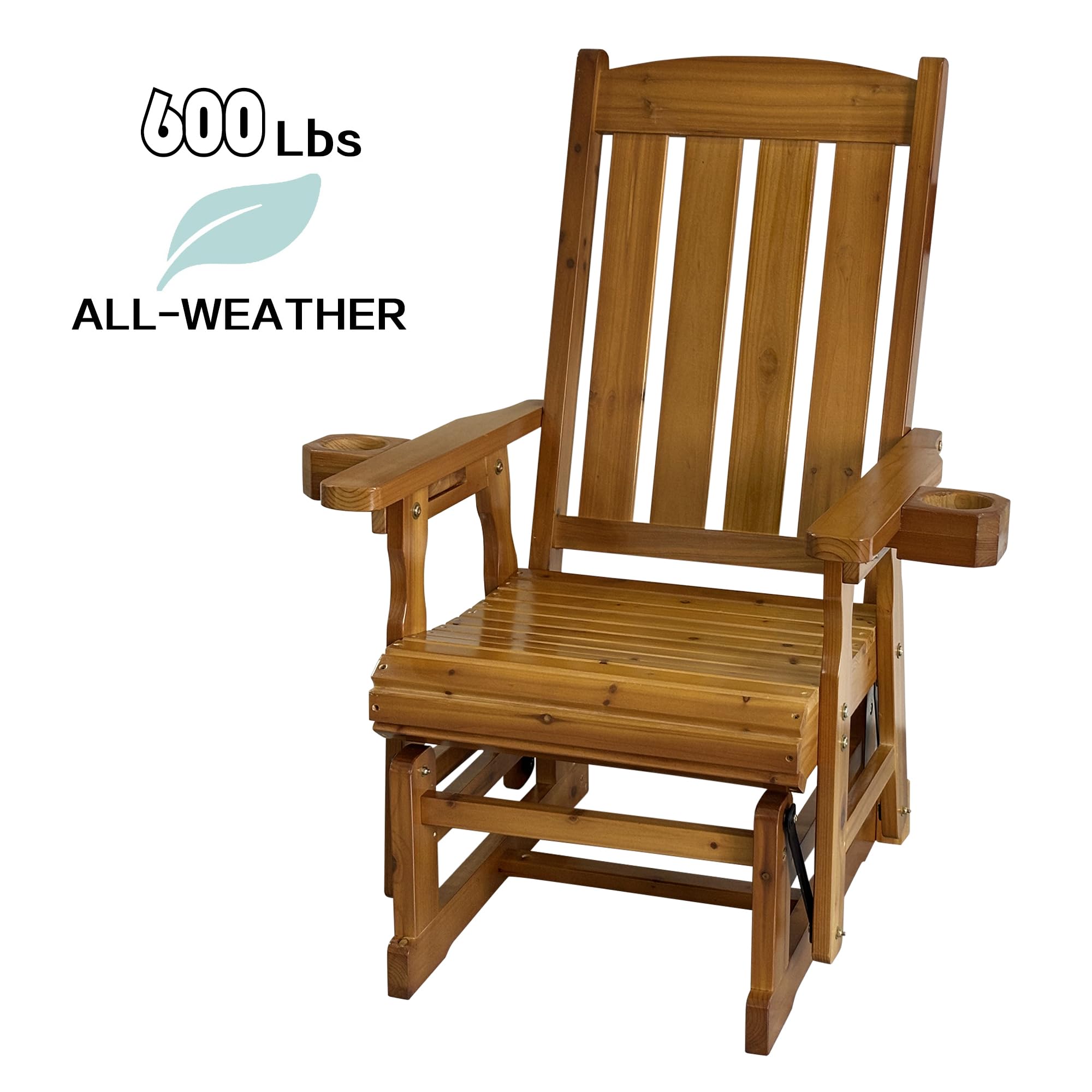 Fortune Candy Solid Fir Wood Patio Glider - Heavy Duty 600 lbs Capacity, High Back & Deep Contoured Seat for One Person (Cedar Tone) - Perfect for Porch, Deck, Garden Relaxation & Outdoor Lounging