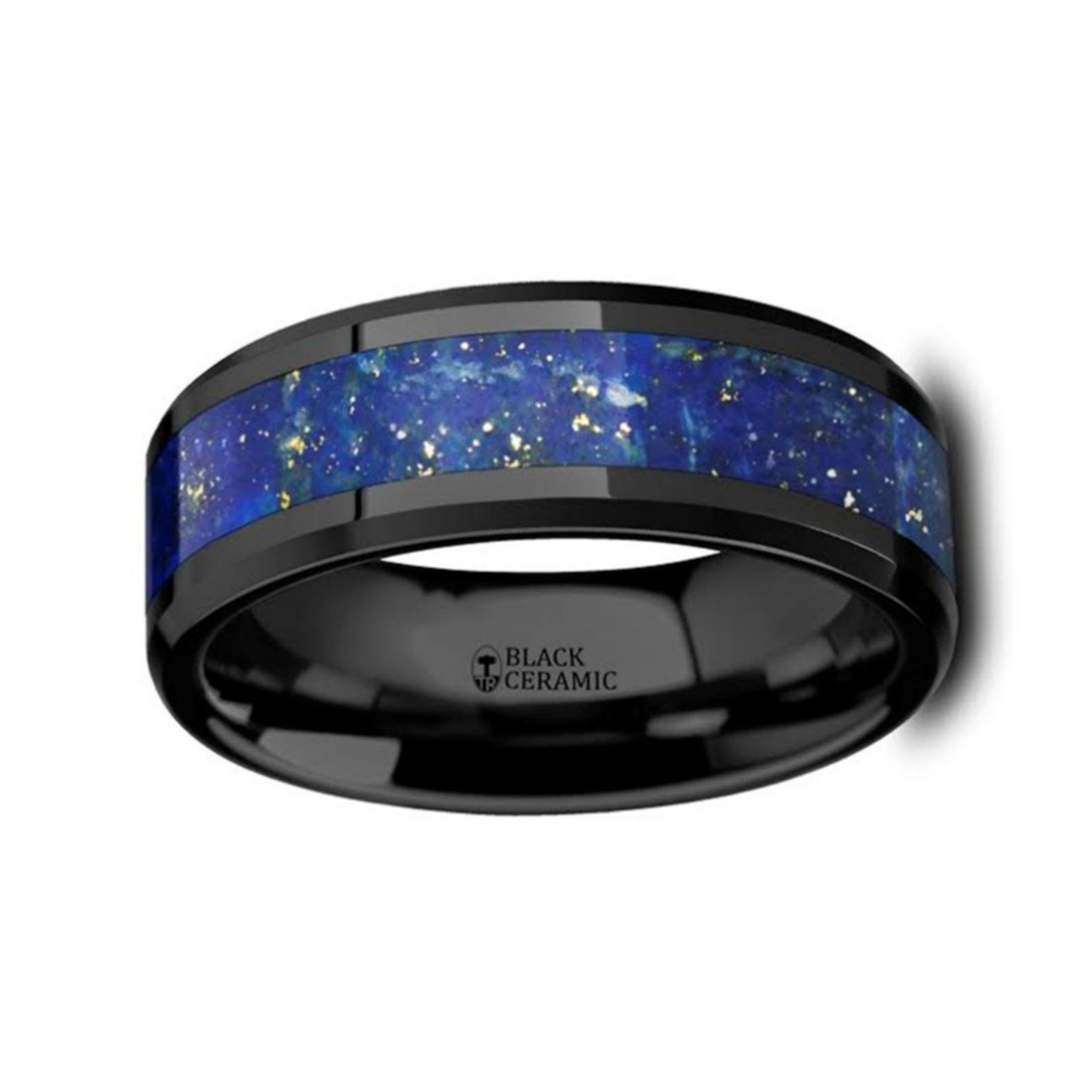 MARLOW Men's Polished Black Ceramic Wedding Band Ring with Blue Lapis Inlay & Beveled Edges - 8mm Wide Comfort Fit Ring for Men - Perfect for Weddings, Anniversaries, and Formal Occasions