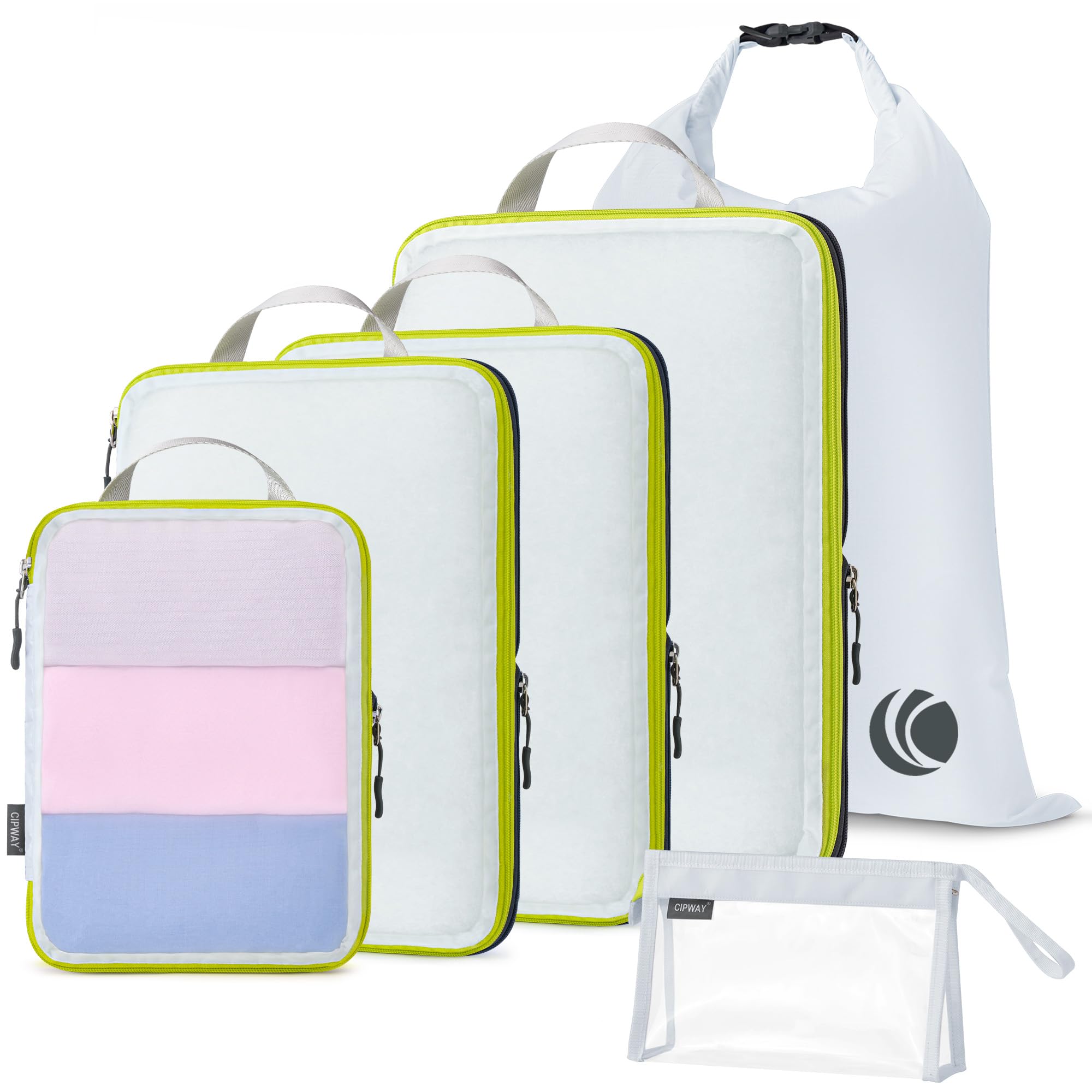 Cipway 6-Piece Compression Packing Cubes Set - Transparent Mesh Luggage Organizer for Travel, Includes Laundry Bag & Clear Toiletries Bag (White) | Perfect for Carry-On Suitcases, Business Trips & Family Vacations