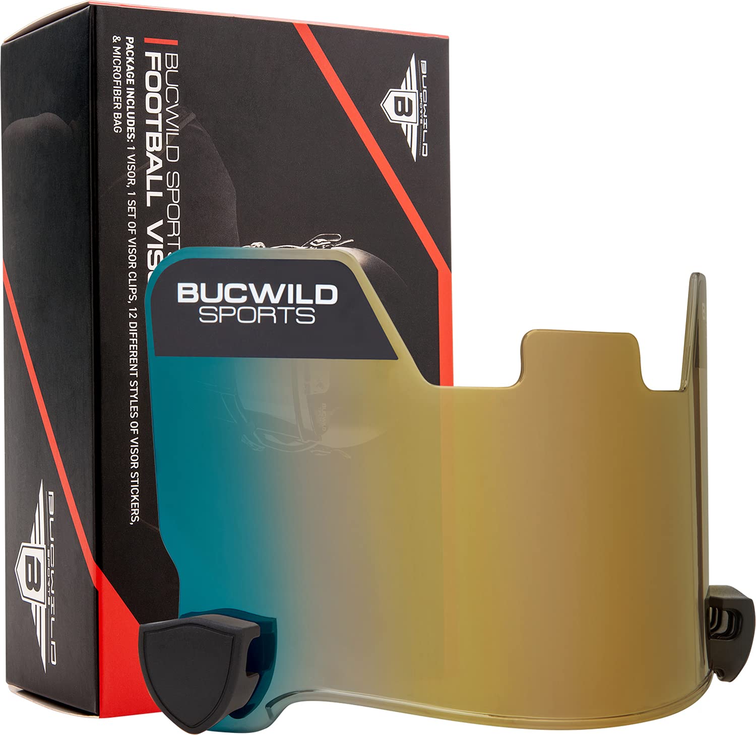 Bucwild Sports Football Visor Helmet Face Shield for Youth & Adults - Clear, Black, Chrome, Gold, Tinted Blue/Red with Clips, Stickers & Microfiber Bag | Protective Eyewear for Football Games, Training & Outdoor Sports
