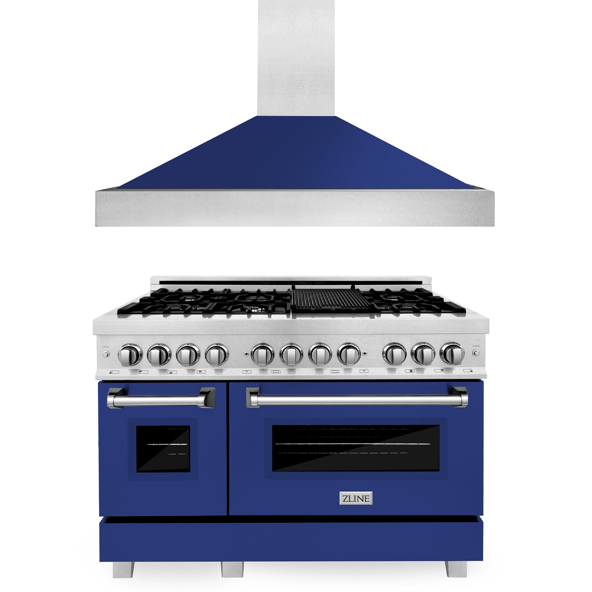 ZLINE 48-Inch Professional Kitchen Package - Stainless Steel Dual Fuel Range with Blue Gloss Door & Convertible Vent Hood | Perfect for Home Chefs & Modern Kitchens