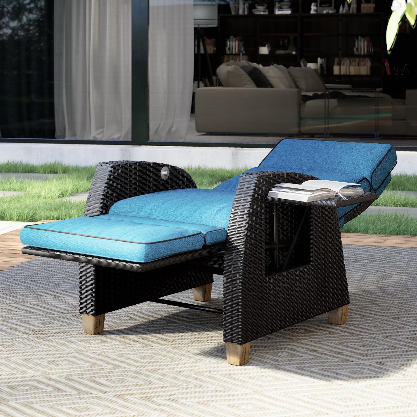 Premium Outdoor Recliner Chair - 150° Adjustable Lay Flat Patio Lounge Chair with Flip-Up Side Table, Weather-Resistant Wicker Design in Peacock Blue - Perfect for Poolside, Backyard Relaxation, Sunbathing & Outdoor Living Spaces | Ideal for Beach, Garden, Deck, and Patio Lounging