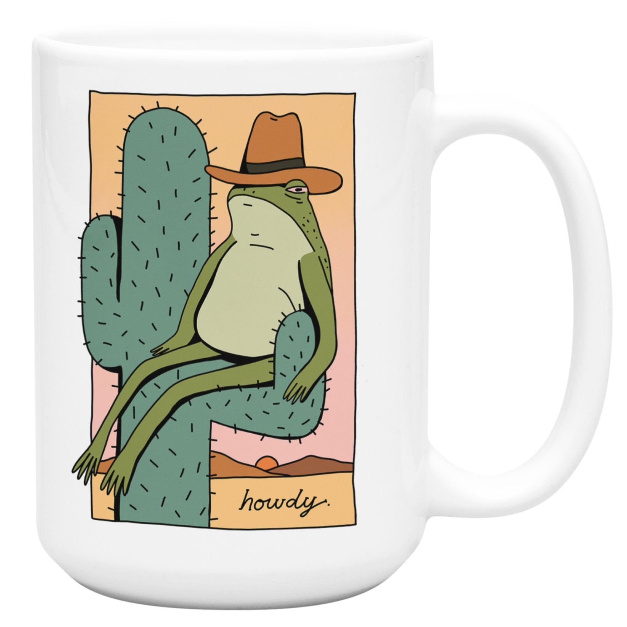 LookHUMAN 15oz Ceramic Western Coffee Mug - Funny Howdy Frog Cowboy Design, Double-Sided Print, Dishwasher Safe | Novelty Gift for Cowboy & Western Lovers | Perfect for Home, Office, or Ranch Use