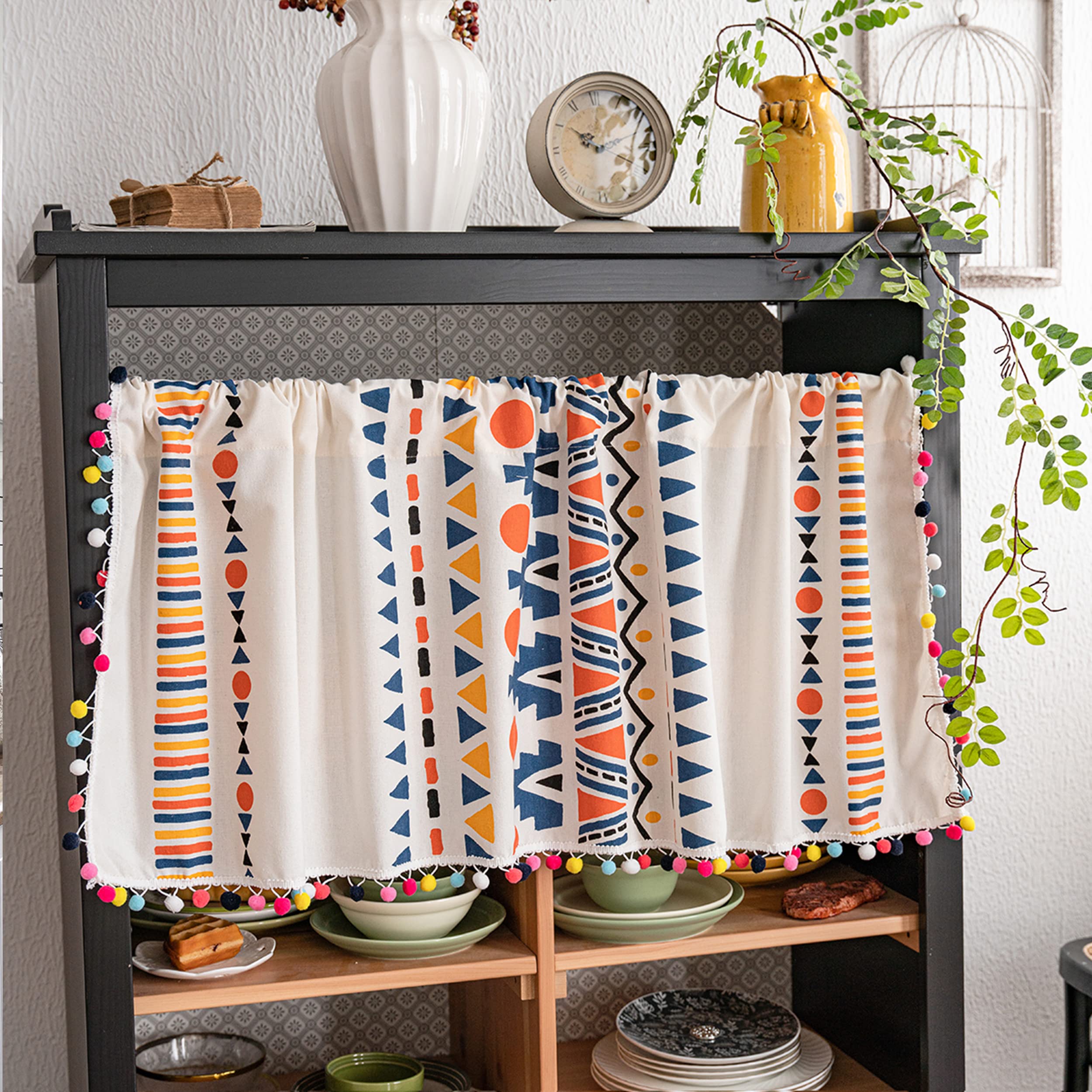 Boho Tassels Linen Window Curtains - Semi Blackout Farmhouse Bohemian Geometric Panel Drapes for Living Room, Kitchen, Cafe & Dining Room - 59x24 Inches Short Window Valances - Perfect for Home Decor, Privacy & Light Filtering