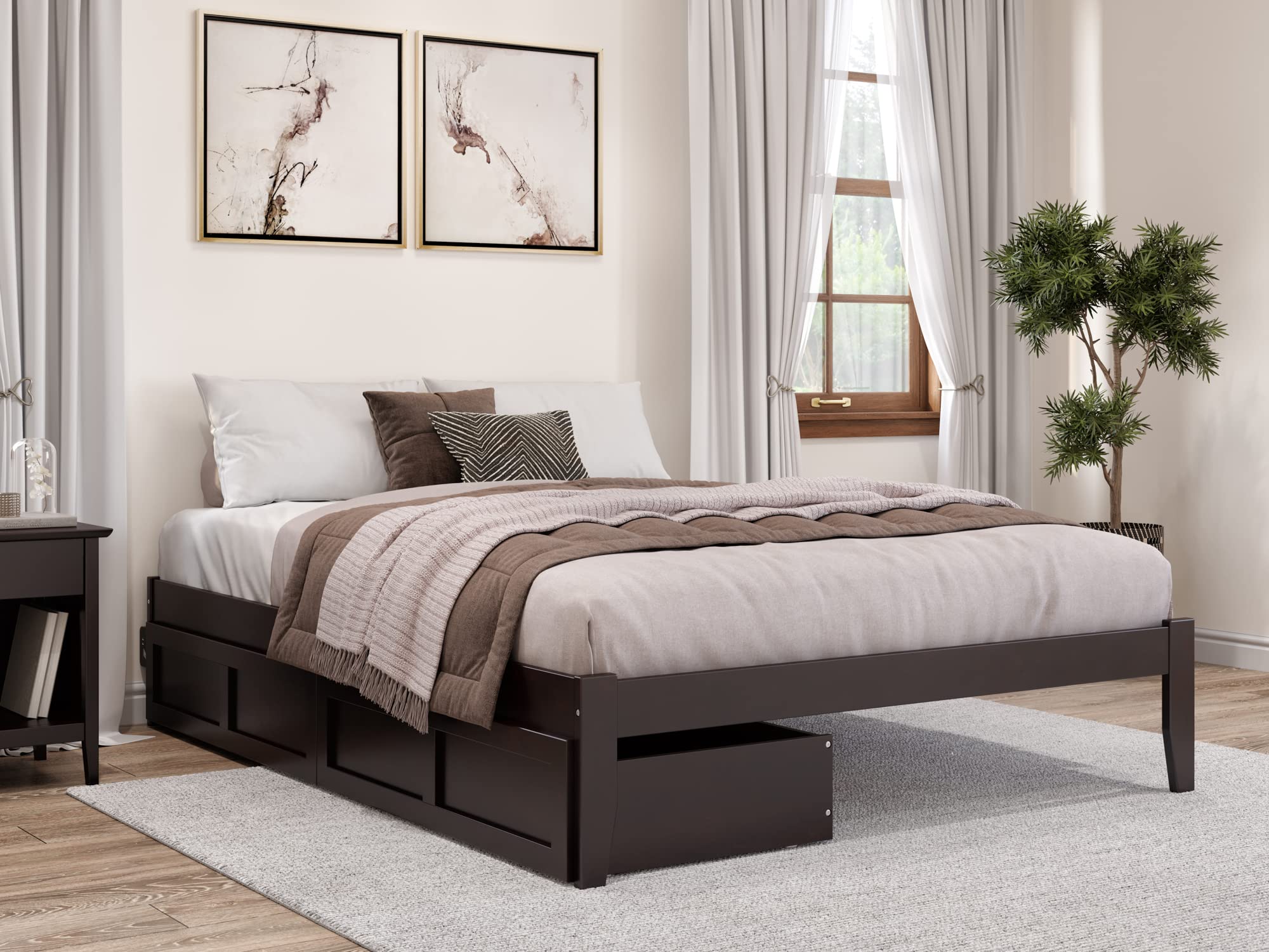 AFI Colorado Queen Platform Bed Frame with 2 Storage Drawers & USB Charging Ports - Espresso Finish - Space-Saving Bedroom Furniture for Small Apartments and Modern Homes