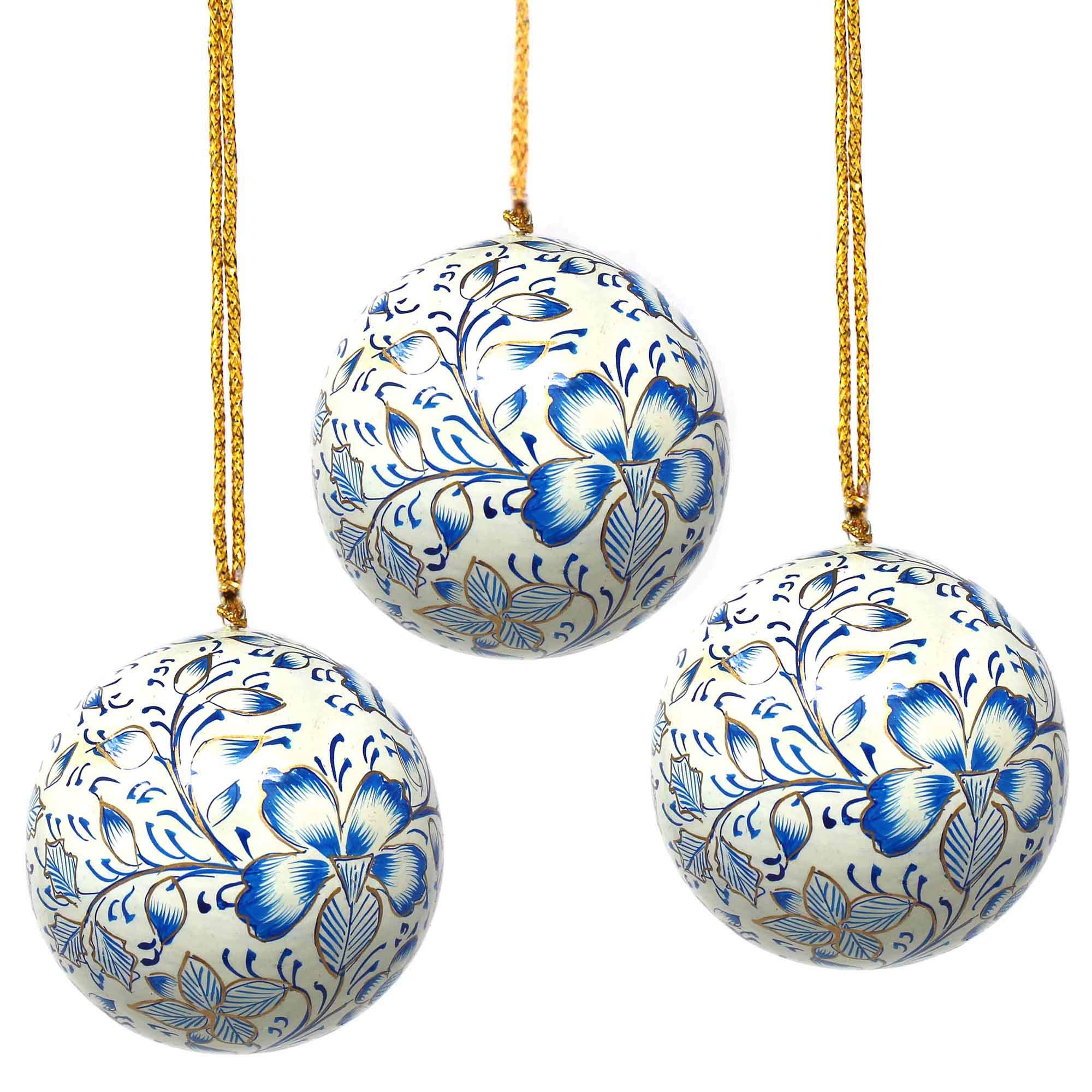 Handmade Recycled Paper Mache Christmas Ornaments - Blue Floral Design - Eco-Friendly Holiday Decor - Set of 3 - Perfect for Tree Decorating, Gift Giving & Festive Home Decor