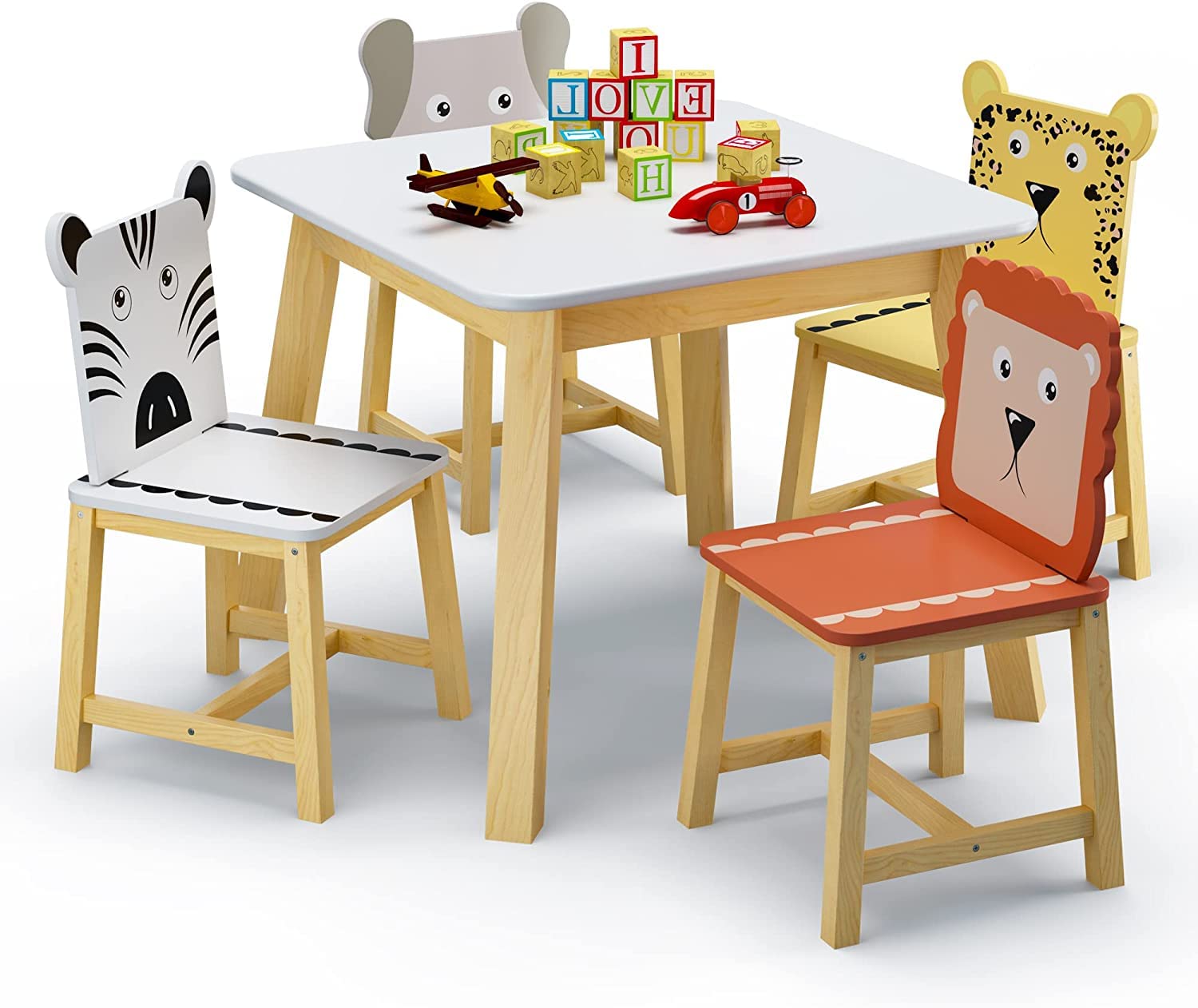CUANBOZAM Kids Table and Chairs Set - Wooden Play Table with Animal Themed Chairs for Ages 3-8 | Perfect for Drawing, Reading, Arts & Crafts, Snack Time | Ideal for Playroom, School, Home & Daycare | Durable & Safe Toddler Furniture for Boys & Girls