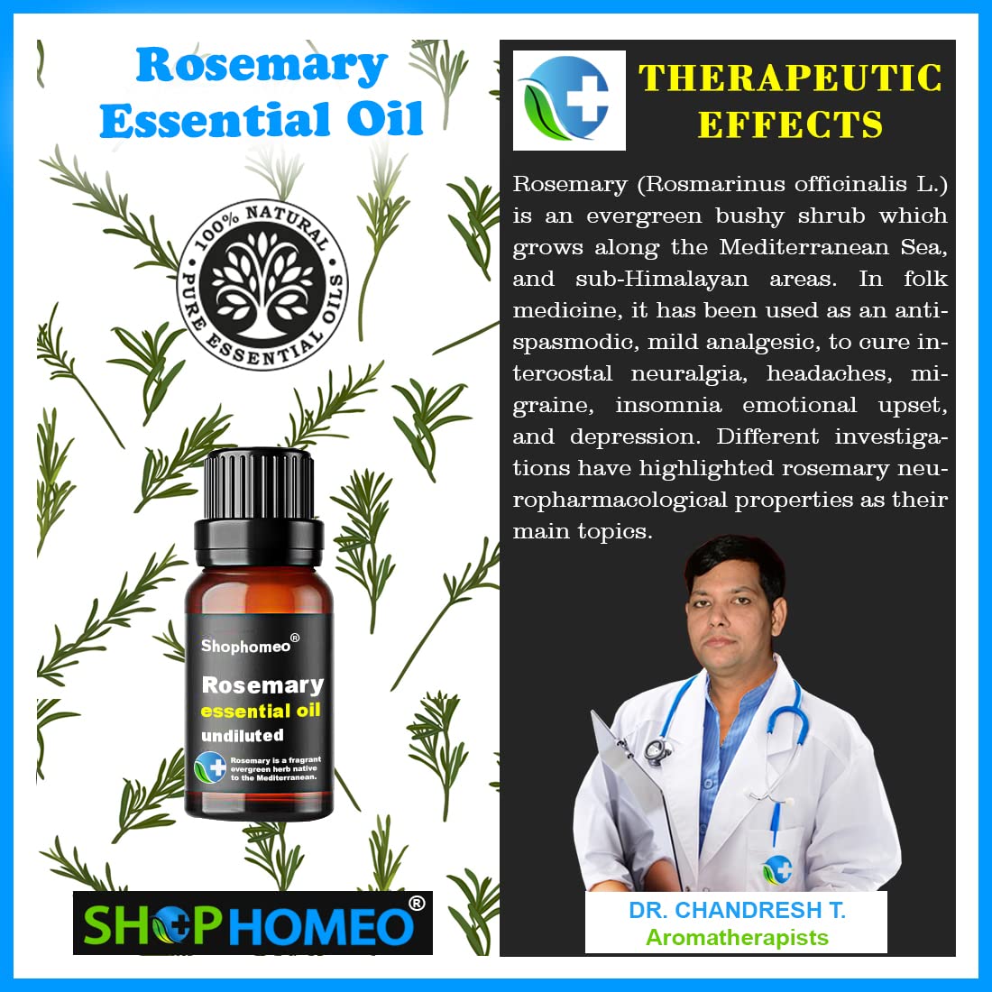 ShopHomoeo® 100% Pure & Natural Rosemary Essential Oil - 15ml | Steam Distilled from Rosemary Flowers & Buds | Aromatherapy, Hair Care & Relaxation