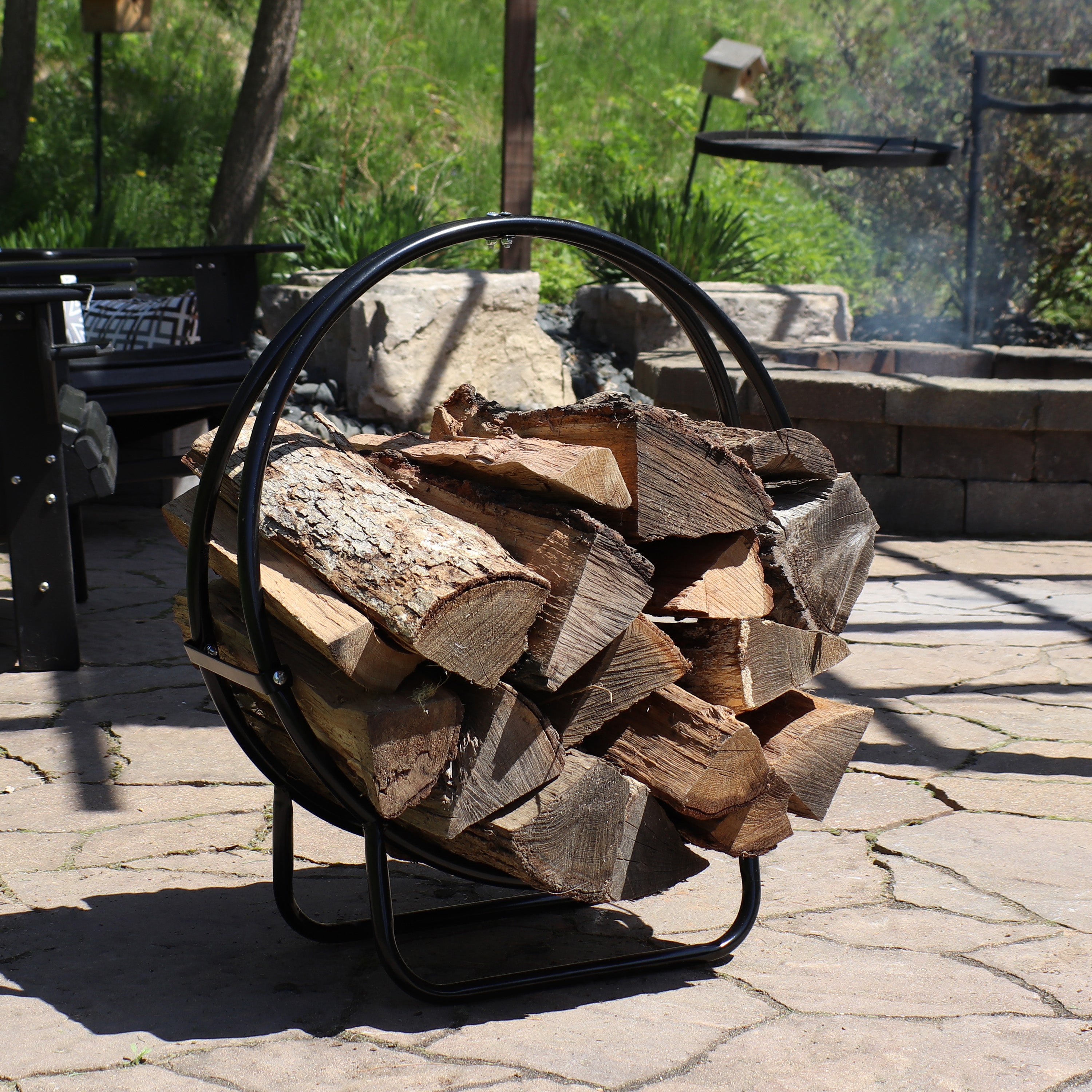 Sunnydaze Outdoor Steel Firewood Log Hoop Rack - Heavy Duty Firewood Holder for Fireplace, Camping & Patio - Rust-Resistant Metal Wood Storage Rack for Backyard, Garden & Outdoor Use