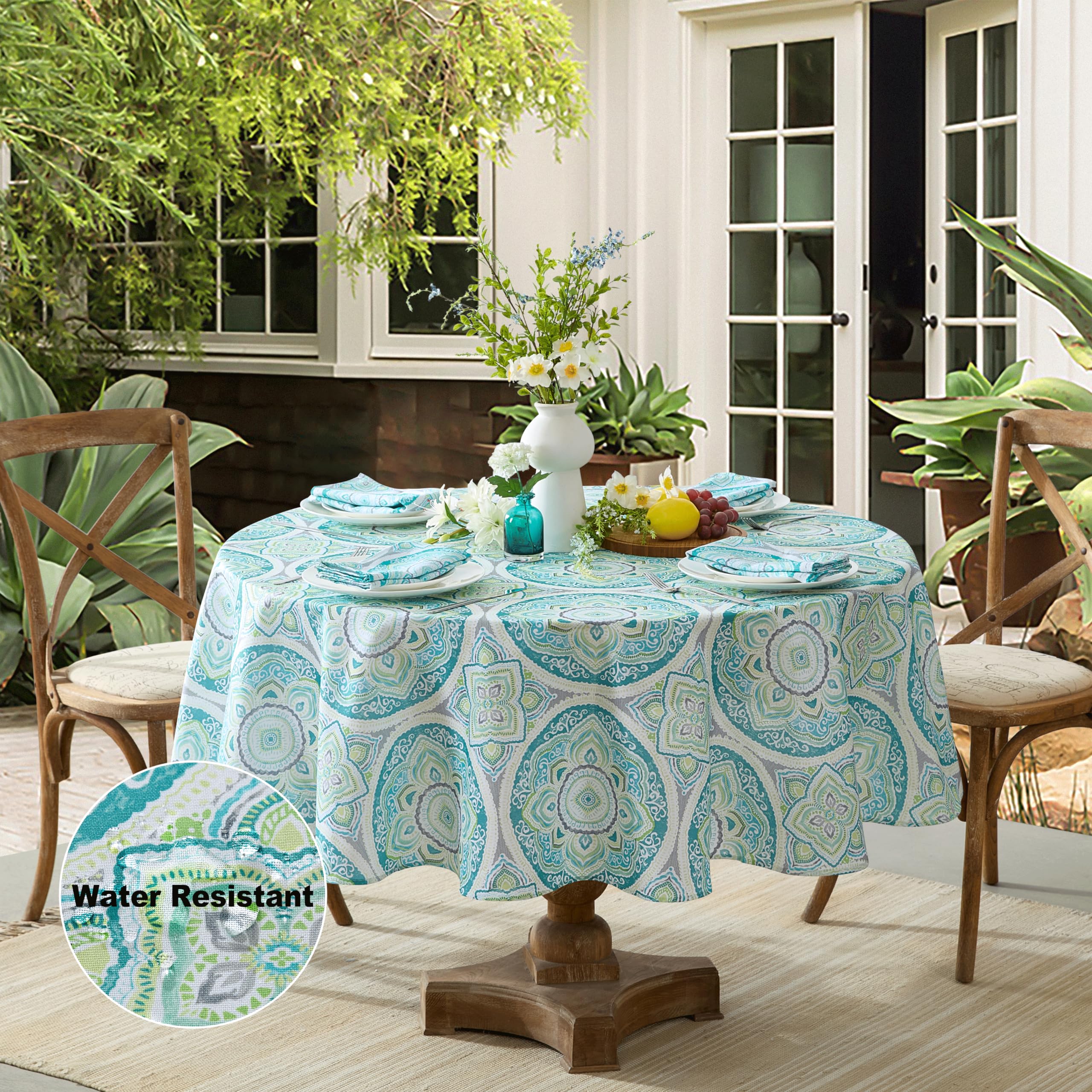 Premium Heavyweight Fabric Napkins Set of 4 - Santorini Mosaic Glass Design, Stain & Water Resistant for Indoor/Outdoor Dining - Mediterranean Blue & Green Napkins for Dinner Parties, Picnics & Holiday Gatherings