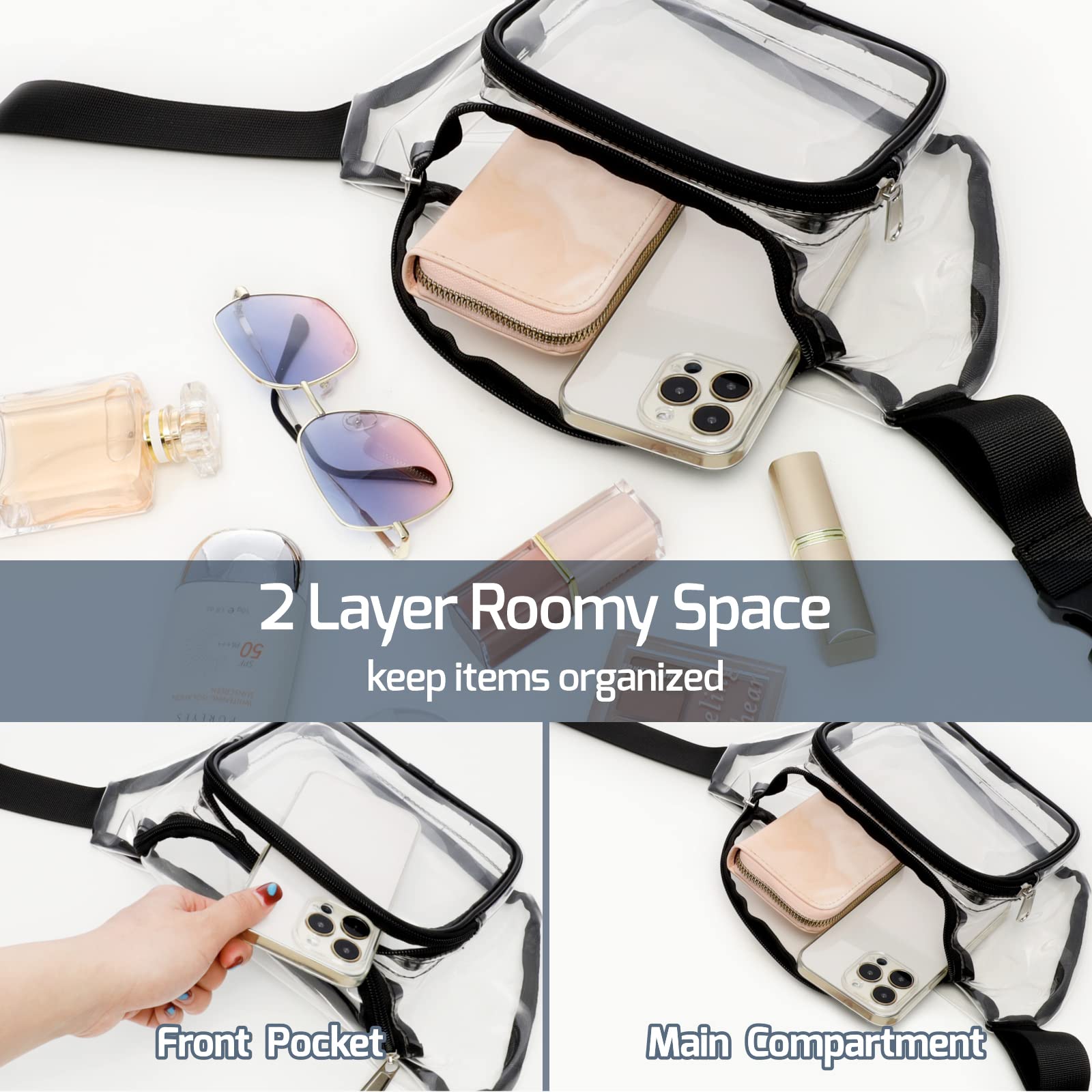 Veckle 2 Pack Clear Fanny Pack - Adjustable Waist Bag for Women & Men | Stadium Approved Transparent Belt Bag | Perfect for Sports Events, Travel, Beach & Concerts | Black + White | Hands-Free Convenience for Running, Shopping & Outdoor Activities