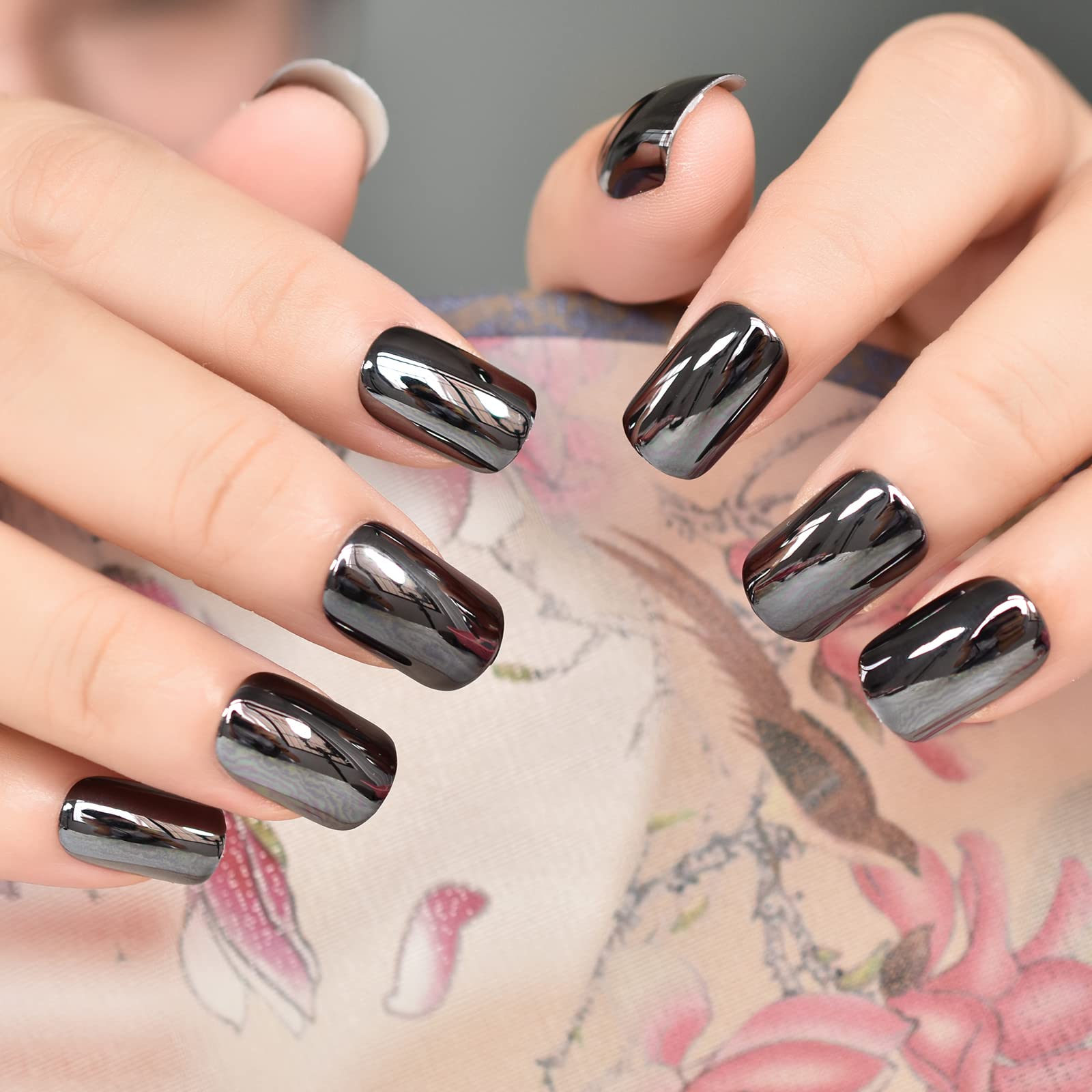 Classic Dark Gray Black Glossy False Nails - Reflective Mirror Acrylic Nail Tips for Punk Style Square Squoval Fake Nails | Perfect for Manicure, Daily Office Wear, Salon & Nail Art | Faux Ongles for Women