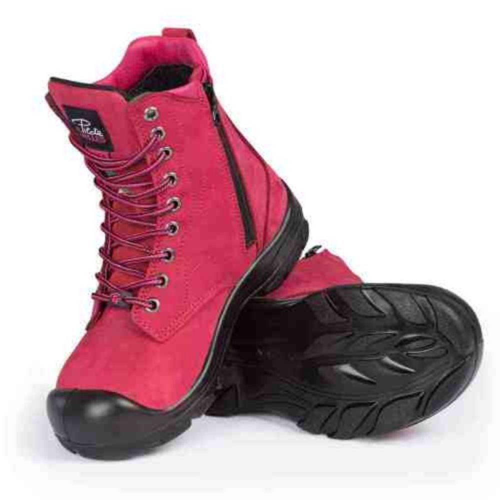 P&F S558 Women's 8 Steel Toe Work Boots with Side Zipper - Comfortable & Durable Safety Shoes for Construction, Warehouse & Outdoor Work (Red)