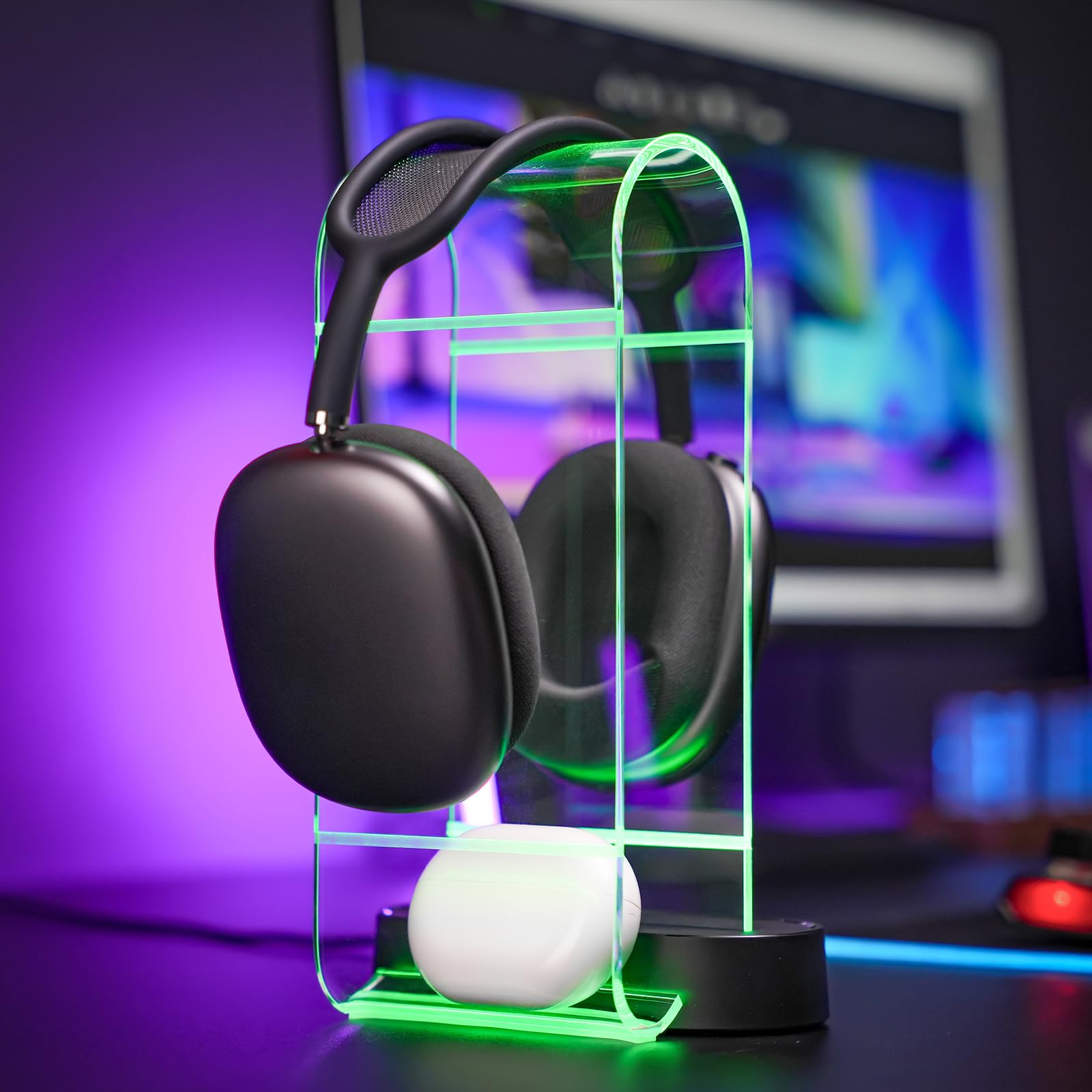 RGB Gaming Headphone Stand with USB Ports - Acrylic Headset Holder with 10 Light Effects, 1 USB-C & 2 USB-A Ports - PC Gaming Accessories for Gamers - Clear Desk Organizer for Gaming Setup, Streaming Station & Home Office
