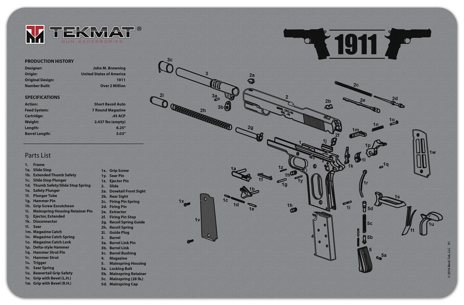 TekMat Gun Cleaning Mat for 1911 Pistols - Non-Slip Work Surface for Firearm Maintenance & Gun Accessories Organization | Perfect for Shooting Range, Home Gunsmithing & Tactical Gear Storage