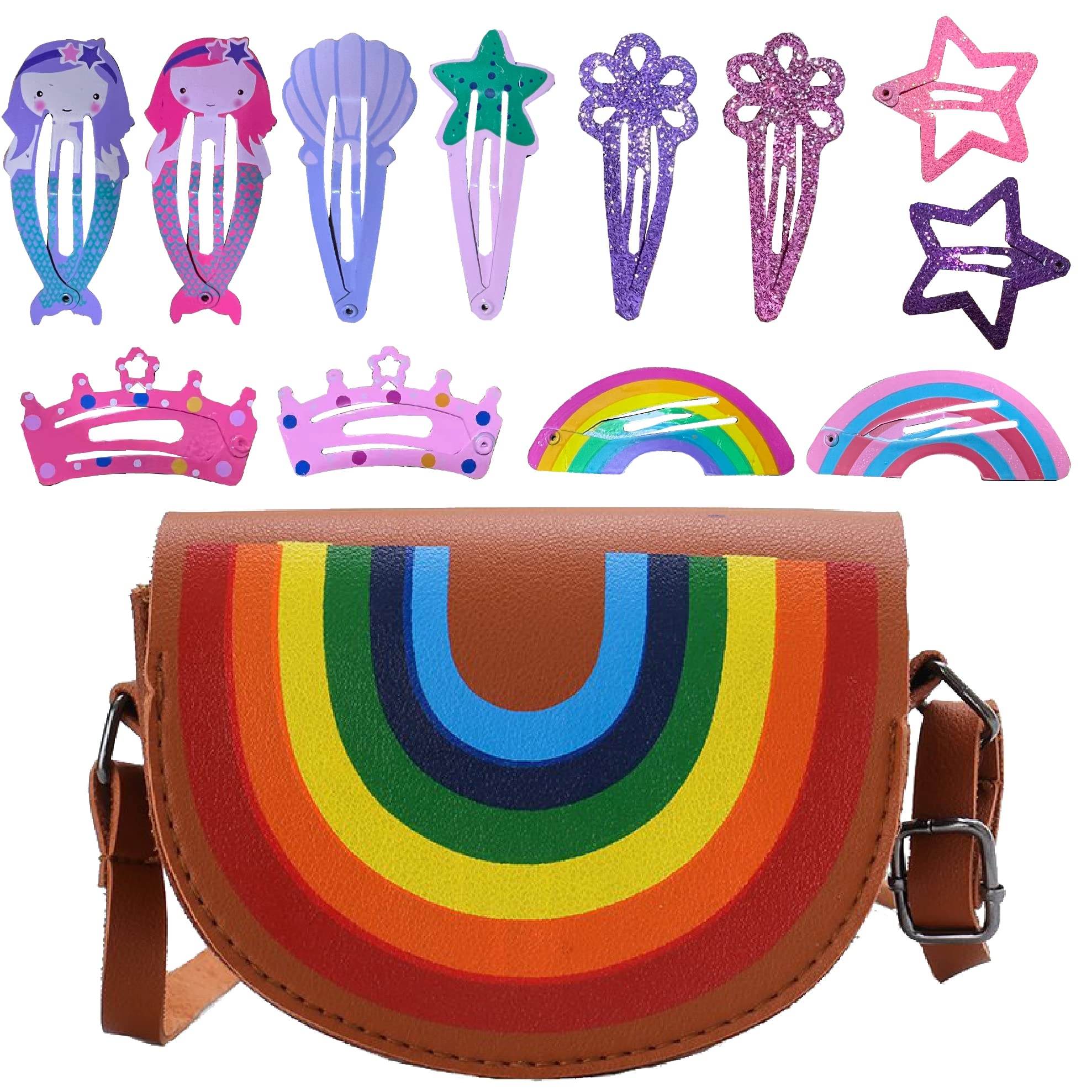 Unicorn Mermaid Crossbody Bag for Girls - 12pcs Kids Metal Snap Hair Clips with Cartoon Rainbow Design | Perfect for School, Parties & Everyday Use