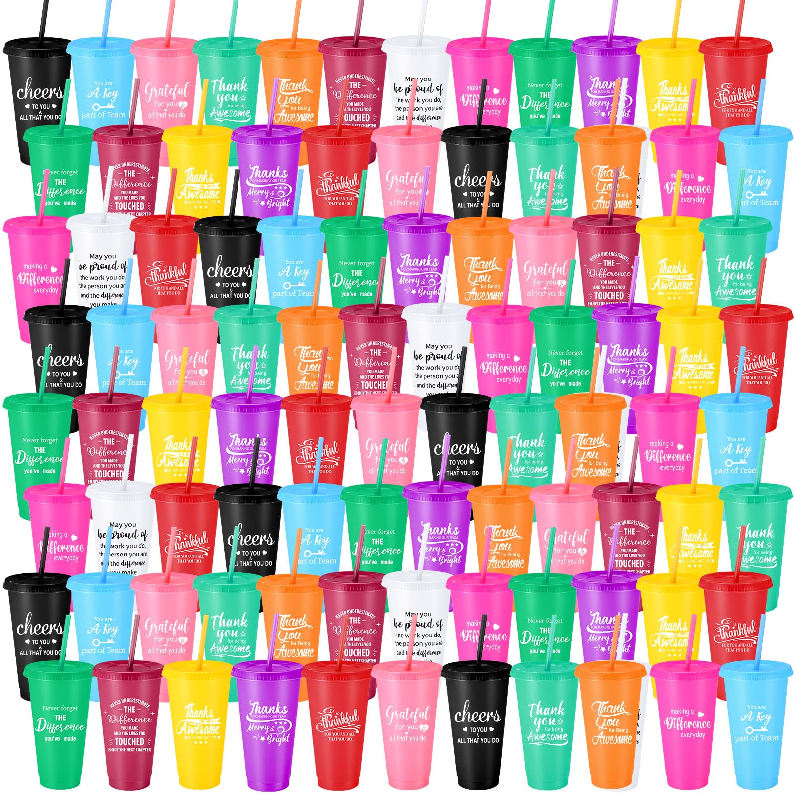 96 Pack Bulk Thank You Gifts - 24oz Inspirational Plastic Tumbler Cups with Lids & Straws - Employee Appreciation, Teacher Gifts, Coworker Recognition, Volunteer Team Rewards (Colorful) - Perfect for Office Celebrations, Staff Incentives, and School Events
