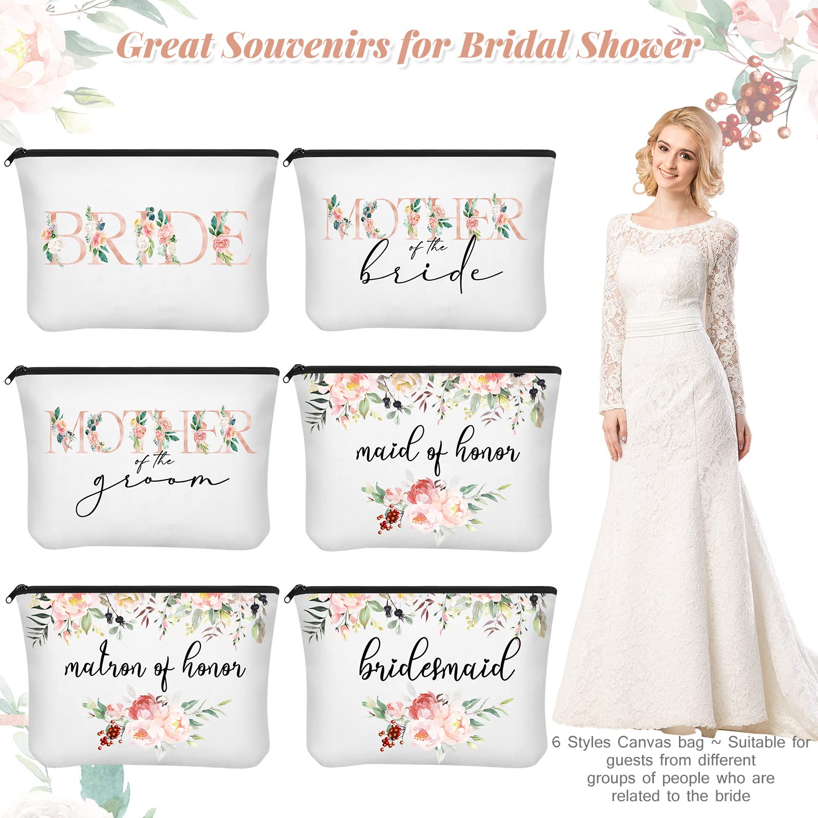 10 Pack Floral Print Bridesmaid Makeup Bags - Wedding Cosmetic Bags for Bride & Bridesmaids, Canvas Gift Bags for Bridal Shower & Wedding Party - Perfect for Travel, Bachelorette Parties & Bridal Events