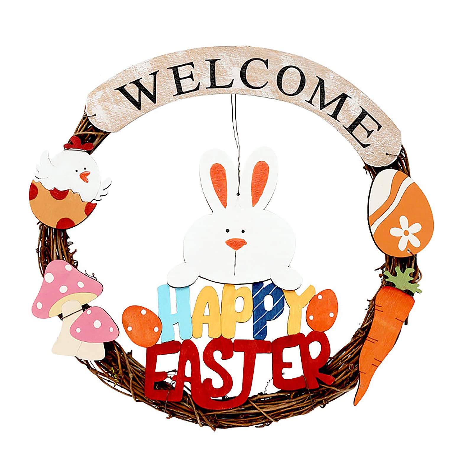 Easter Welcome Sign - Wooden Front Door Decoration with Colorful Easter Egg & Rabbit Design, Happy Easter Door Hanging Sign with Rope - Perfect for Spring Home Decor, Front Porch Display, and Easter Party Decorations