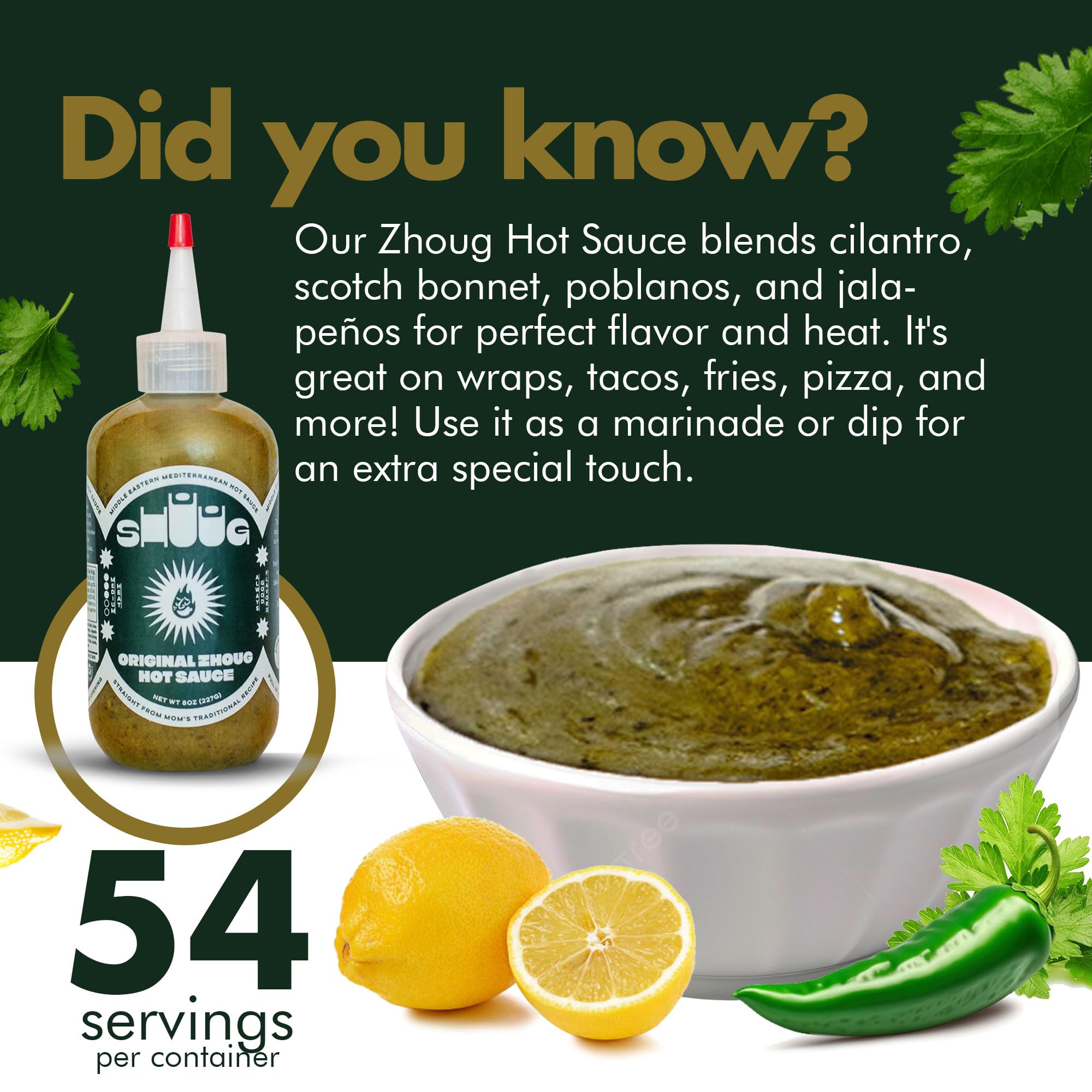 Organic Mediterranean Green Hot Sauce (Zhoug) 9oz - Vegan, Non-GMO, Kosher | Spicy Sauce with Cilantro, Garlic, Jalapeno, Poblano & Scotch Bonnet Peppers | Perfect for Tacos, Grilled Meats & Mediterranean Dishes