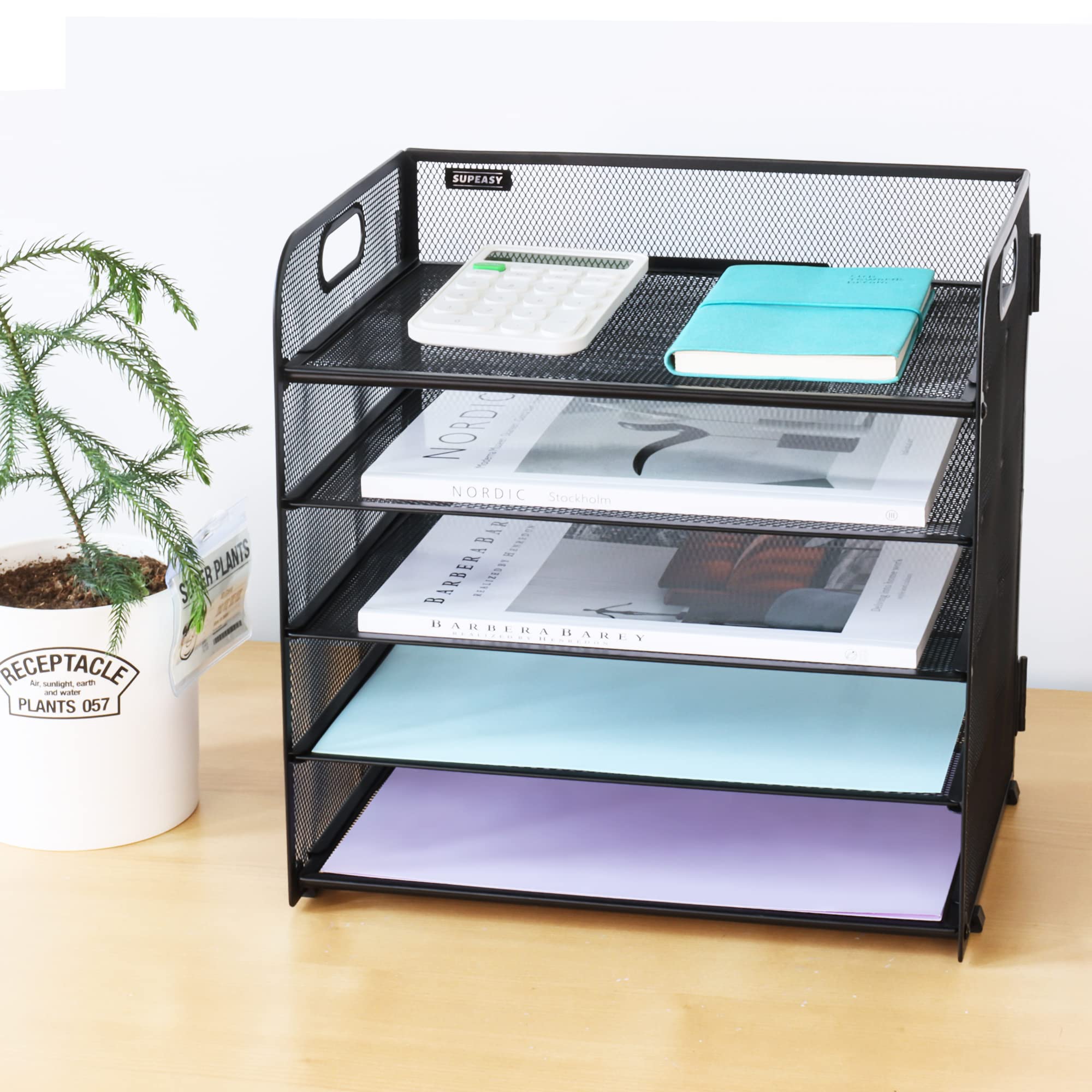 Supeasy 5-Tier Mesh Desk File Organizer with Handles - Letter Tray Paper Sorter for Office, Home & School - Perfect for Bills, Mail, Documents & Office Supplies Organization