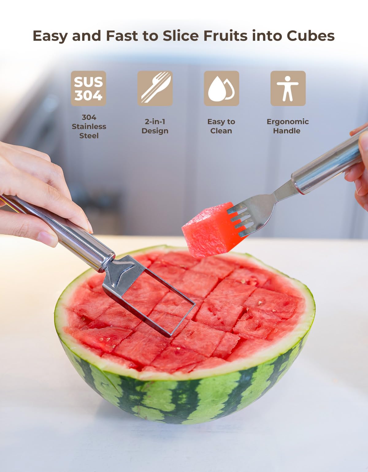 CripsTaste 2-in-1 Stainless Steel Watermelon Slicer & Fork - Durable Fruit Cutting Tool for Watermelons, Melons & Large Fruits - Perfect for Home Kitchen, Parties, Camping & Outdoor Picnics