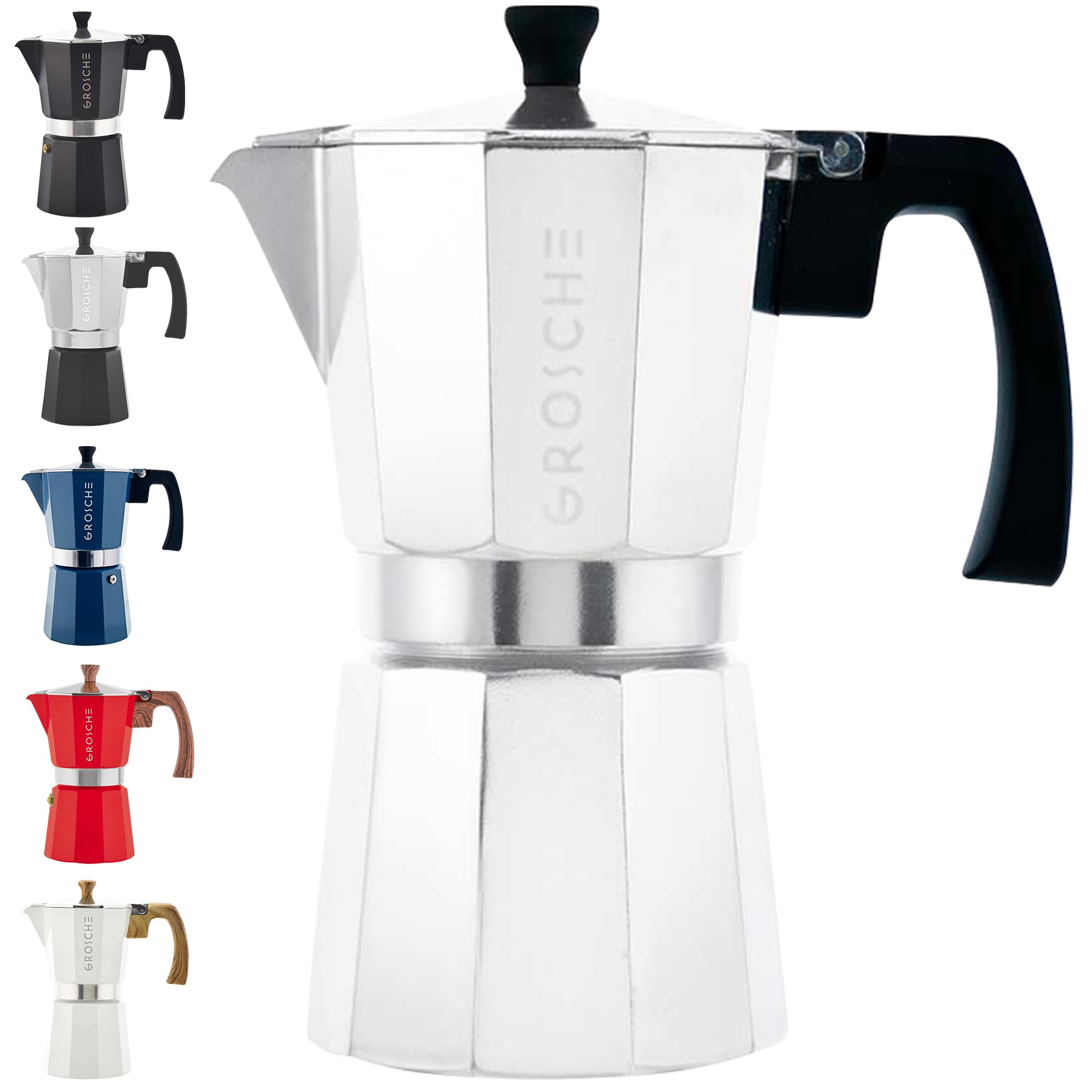 GROSCHE Milano Stovetop Espresso Maker - 9 Cup Moka Pot (15.2 oz) - Silver Italian Coffee Brewer for Cuban & Espresso - Perfect for Home, Camping & Gifts