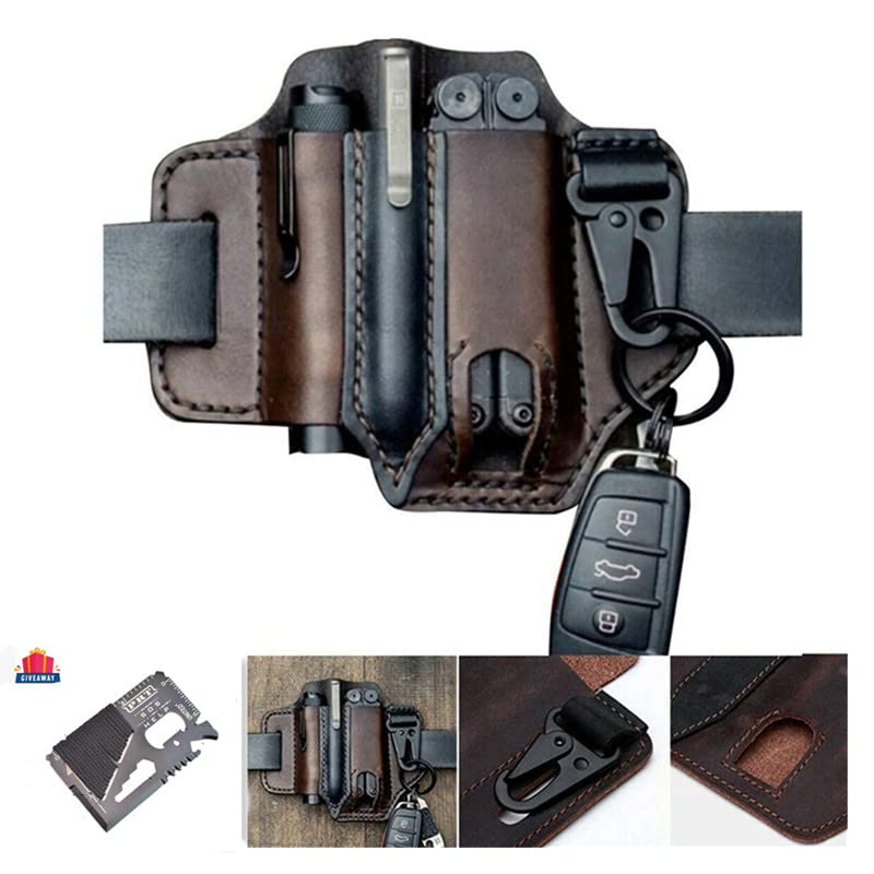 Premium Leather Multitool Sheath for Belt - EDC Pocket Organizer with Pen Holder, Key Fob & Flashlight Loop | Durable Leatherman Sheath for Men | Perfect for Camping, Hiking & Everyday Carry (Brown)