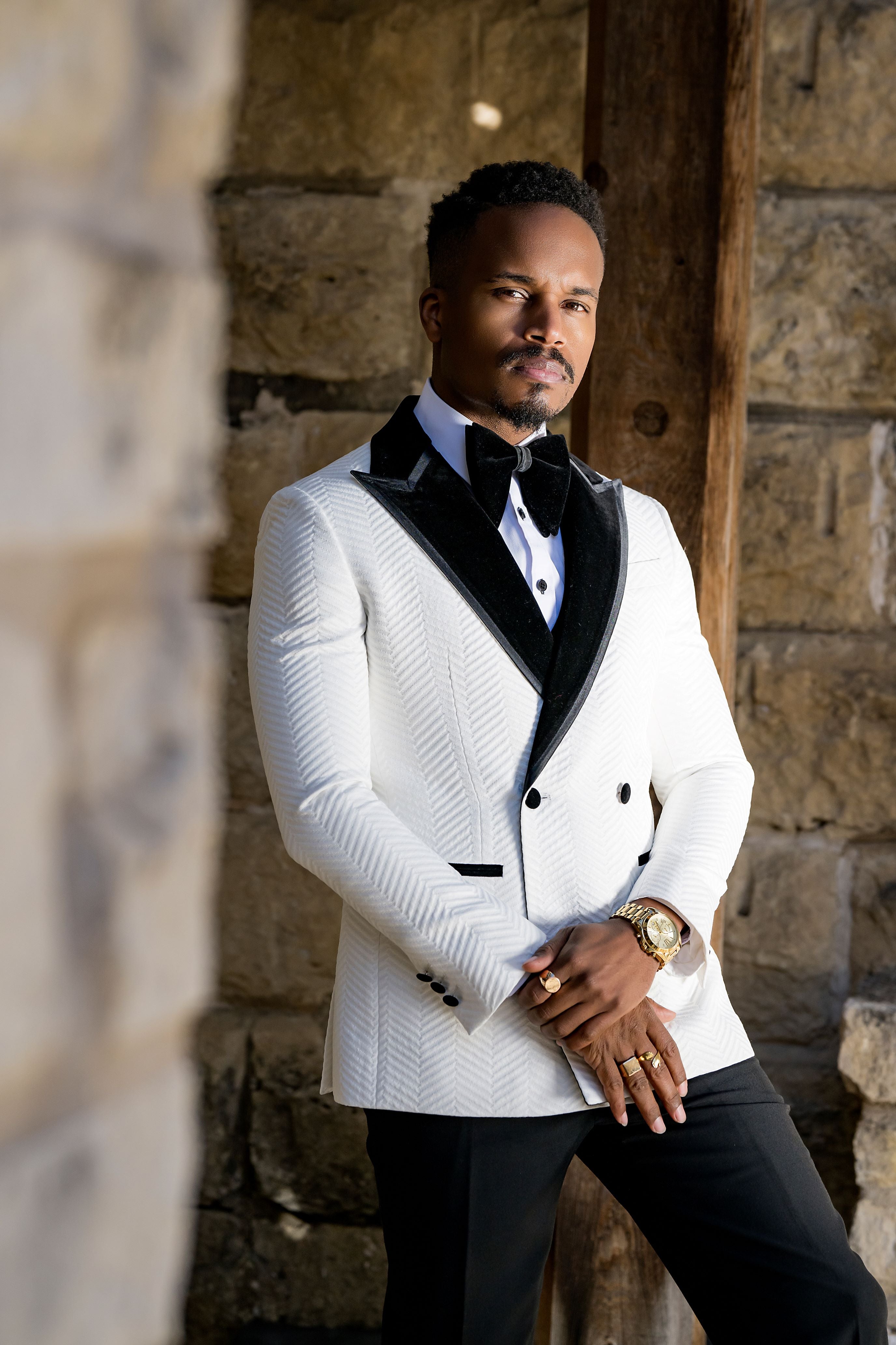 Custom Tailored White Herringbone Peak Lapel Tuxedo Suit - The Majestic Blanc | Perfect for Weddings, Prom & Black Tie Events