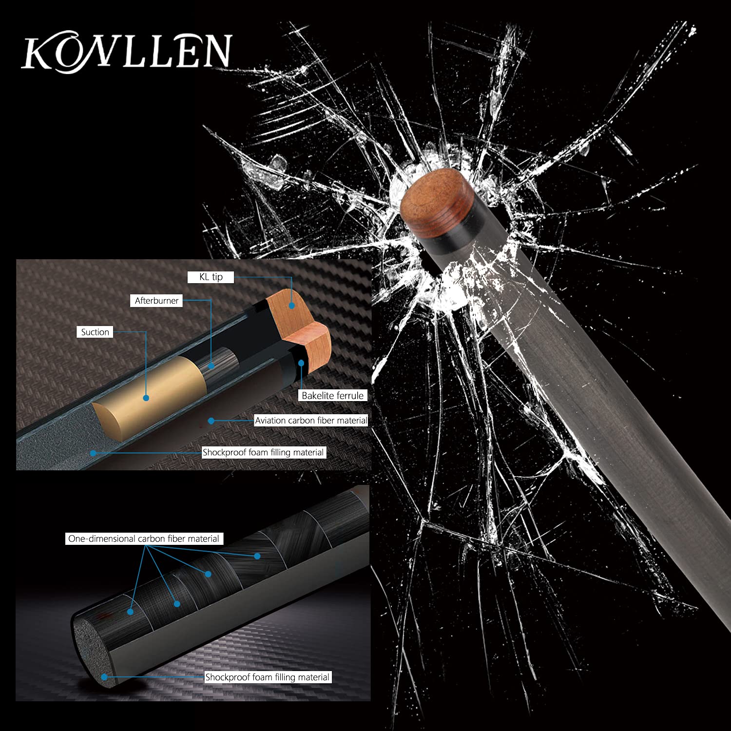 KONLLEN Professional Carbon Fiber Pool Cue Stick - Hand-Made Low Deflection Billiard Cue with Ultra-Smooth Inlay Design for Adults | Perfect for Tournament Play & Home Pool Tables