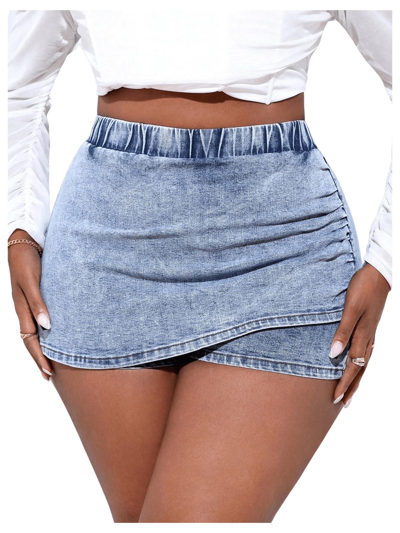 Floerns Women's Casual Elastic Waist Ruched Wrap Jean Denim Skorts Shorts - Stylish Stretch Denim Skirt Shorts for Women, Perfect for Summer Outings, Beach Trips and Casual Wear