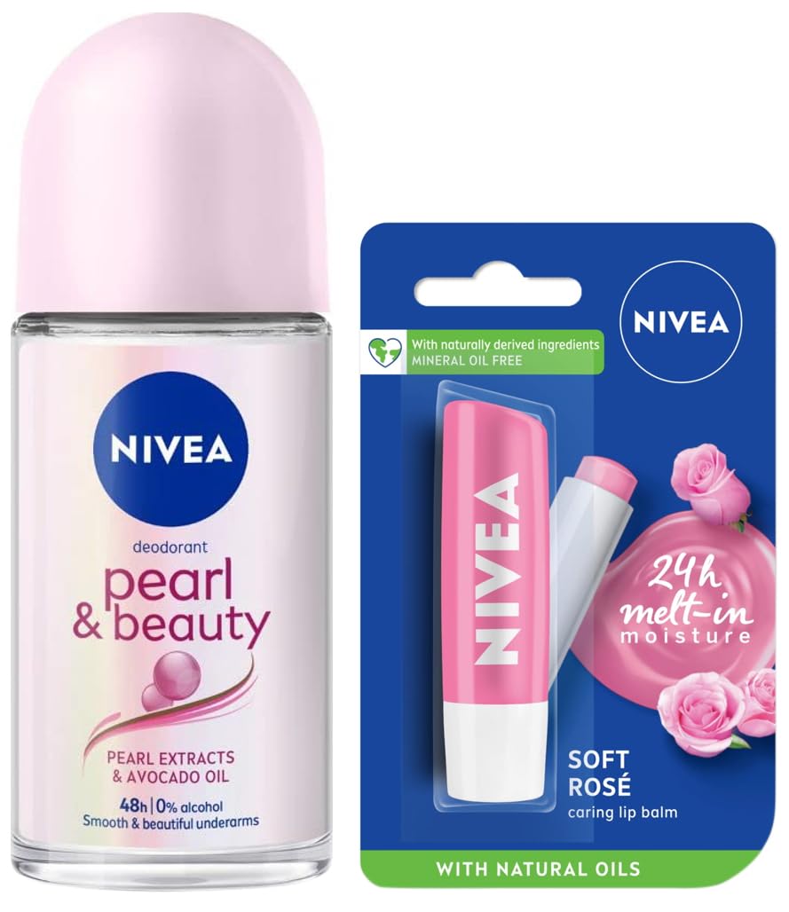 Nivea Pearl & Beauty Women's Deodorant Roll-On 50ml + Soft Rose Lip Balm 4.8g - Fresh All Day, Hydrated Lips for Work & Gym
