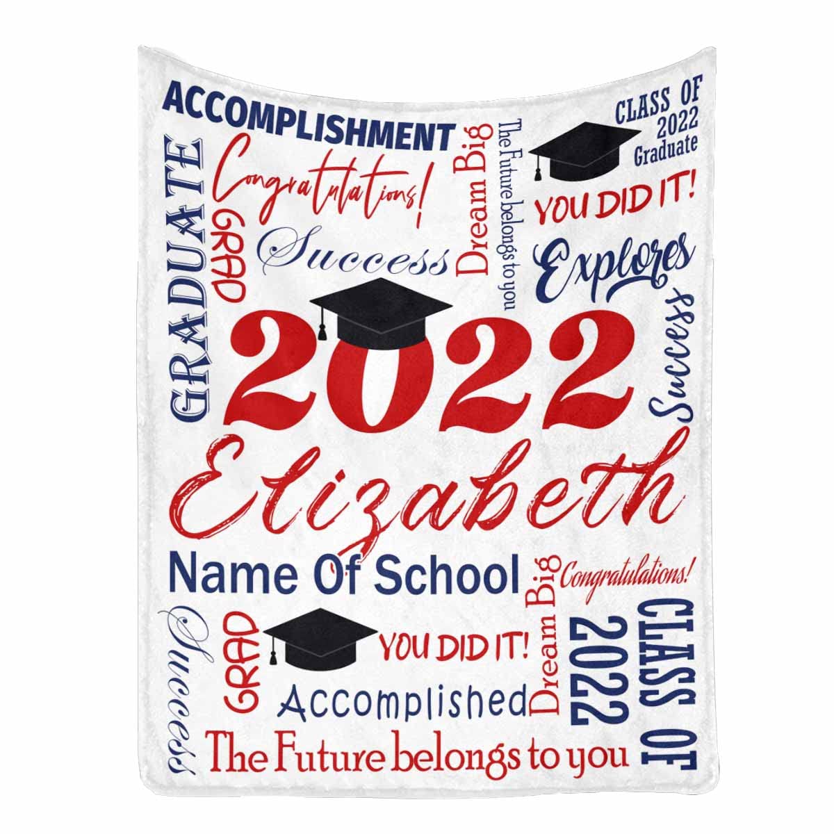 Personalized Graduation Blanket for Boys & Girls - Custom Class of 2022 College Name Text - 70x80 Inch White Senior Gift for Daughter, Son, Niece, Friend, Sister - Perfect for Graduation Parties, Dorm Decor & Keepsake Memories
