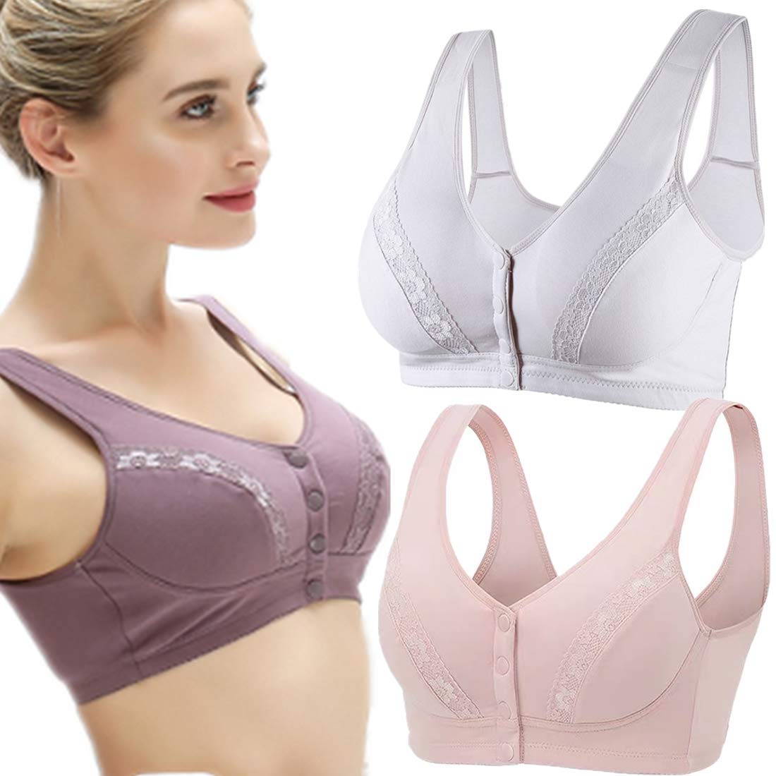 Women's Comfortable Cotton Soft Cup Front Closure Bra - Breathable Lace Everyday Bra with Light Padding for Work, Yoga & Relaxation