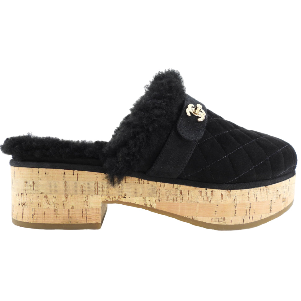 Chanel 21A Black Shearling CC Turn Clasp Quilted Cork Mules Size 37 - Luxury Designer Slides for Women | Perfect for Casual Outings, Date Nights & Fashionable Comfort