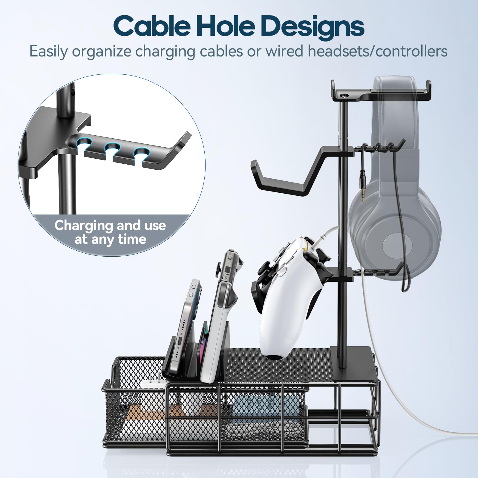 Premium Aluminum Headphone Stand with Drawer - Universal Gaming Headset & Controller Holder for Desk - Cable Management Organizer - Perfect for PC Gaming Setup, Home Office & Streaming Station Accessories Storage