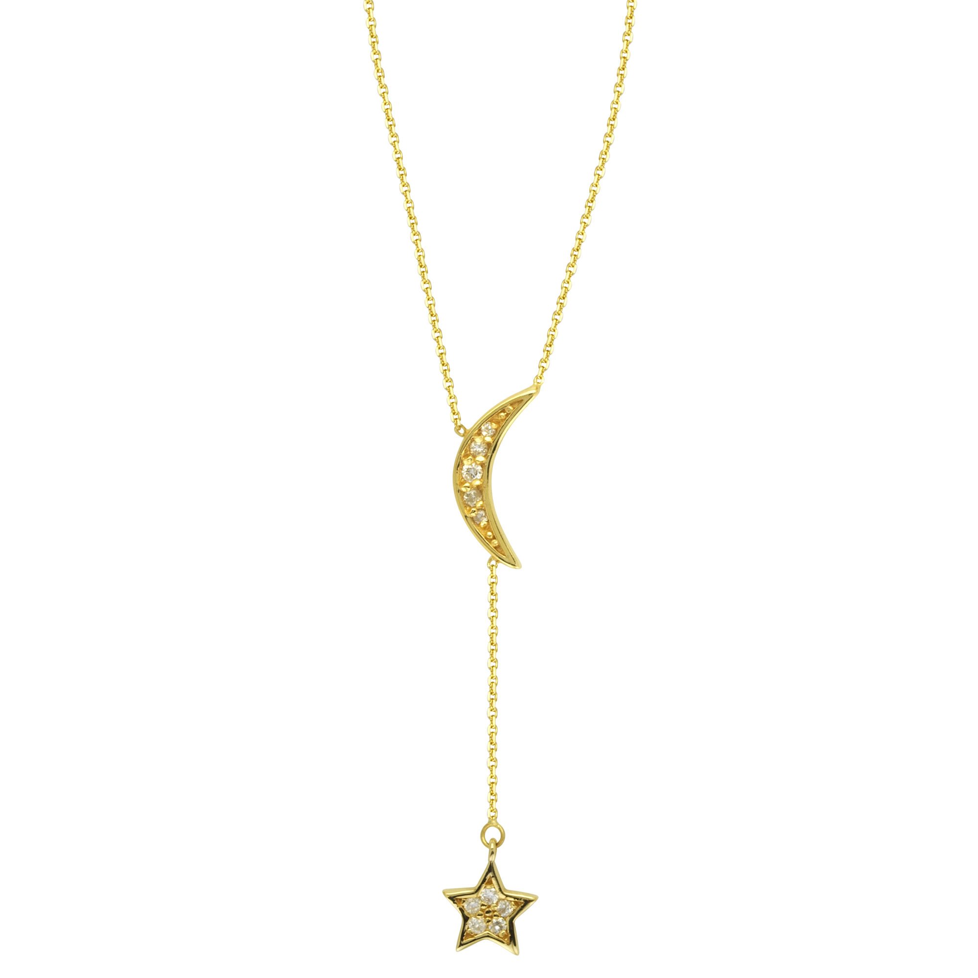 14K Yellow Gold Y-Style Necklace with Moon & Star Pendant & Diamond Accents - Adjustable Length 16-18