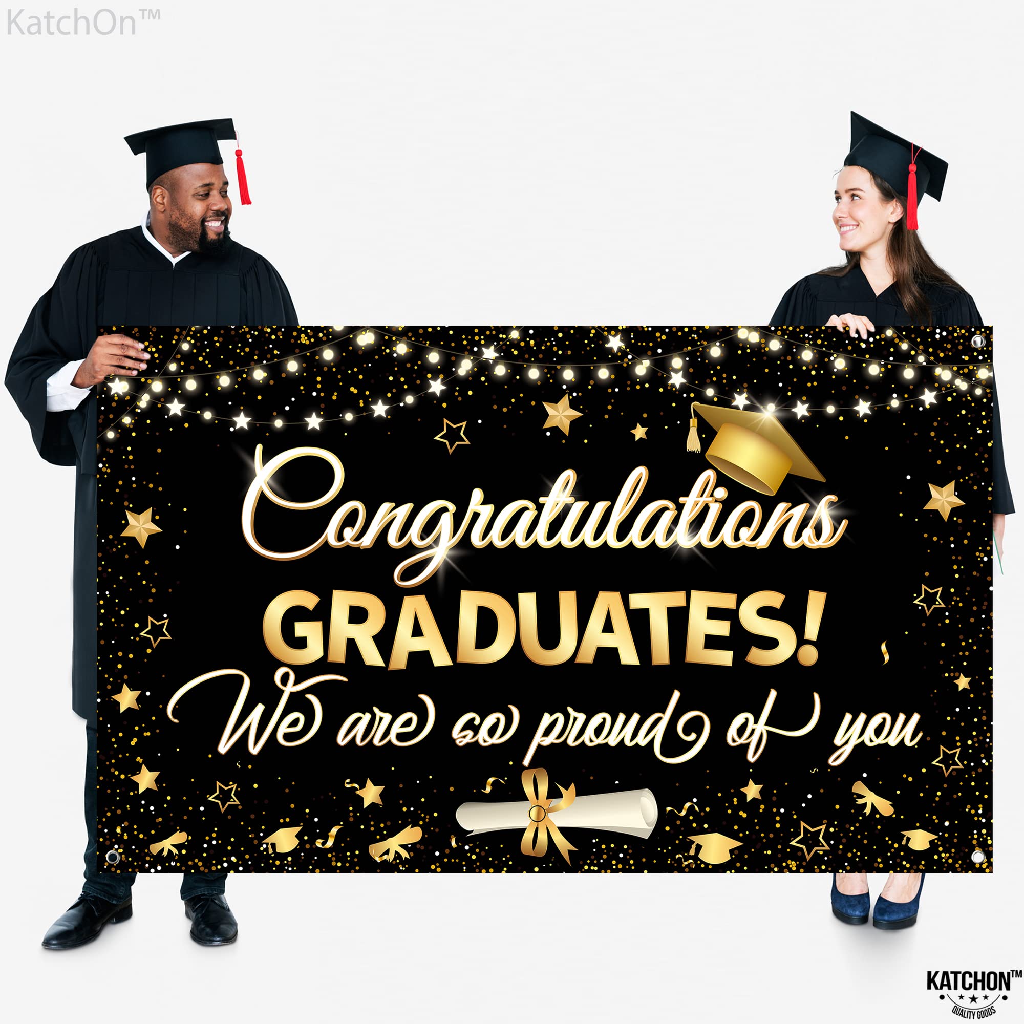 KatchOn 2025 Graduation Banner - 72x44 Inch Large Black & Gold Backdrop for Graduation Party Decor | Class of 2025 Congratulations Sign | Perfect for Graduation Ceremony, Photo Booth & Home Decor