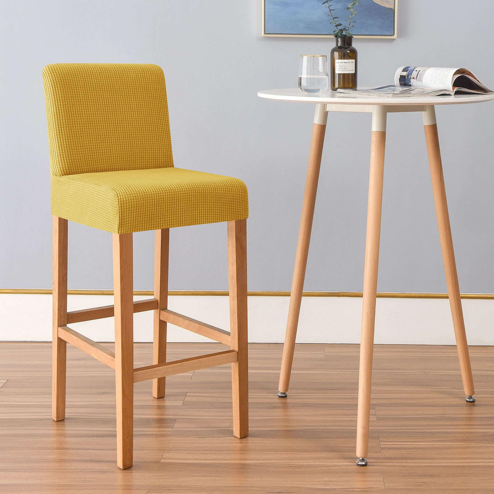 Stretchable Plaid Bar Stool Covers Set of 6 - Elastic Dining Chair Slipcovers, Washable & Removable Seat Covers for Short Back Chairs (Yellow) - Perfect for Kitchen, Bar, Pub & Dining Room Furniture Protection