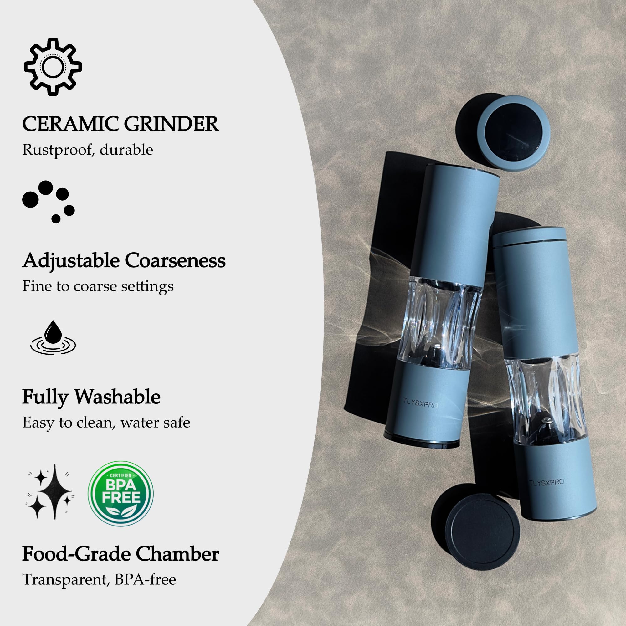 Premium Adjustable Salt and Pepper Grinder Set - Manual Ceramic Core Mill with Refillable Design - 2 Pack Black Kitchen Essentials for Cooking, Dining & Gourmet Seasoning