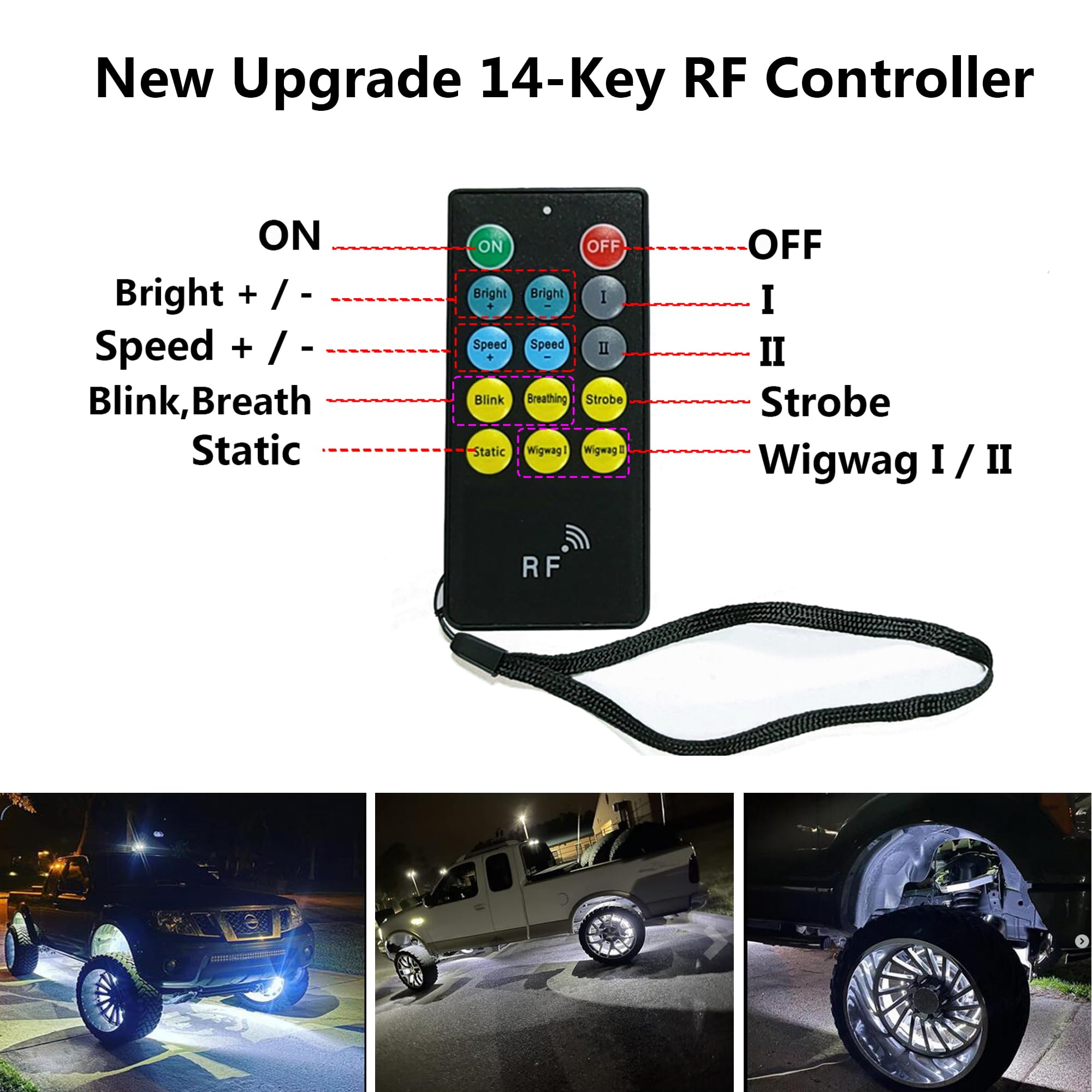 4Pcs 17-Inch Waterproof LED Wheel Ring Lights - Double Side White, APP & RF Remote Control - Compatible with Trucks, Cars, Pickups, SUVs & Campers - Perfect for Night Driving, Car Shows & Off-Road Adventures